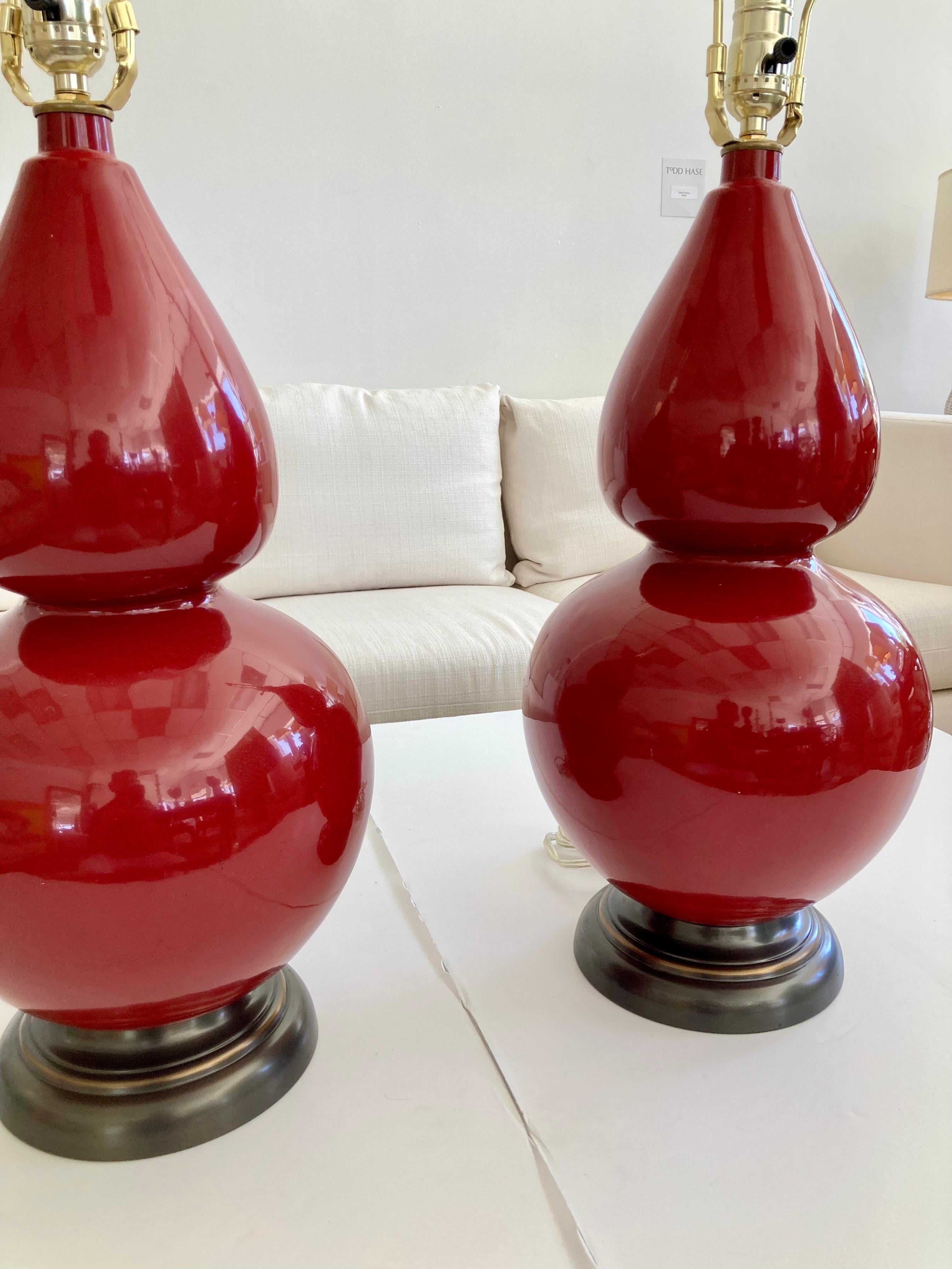 Burnt Red Glazed Ceramic Gourd Table Lamps With, a Pair For Sale 6