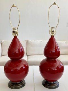 Burnt Red Glazed Ceramic Gourd Table Lamps With, a Pair