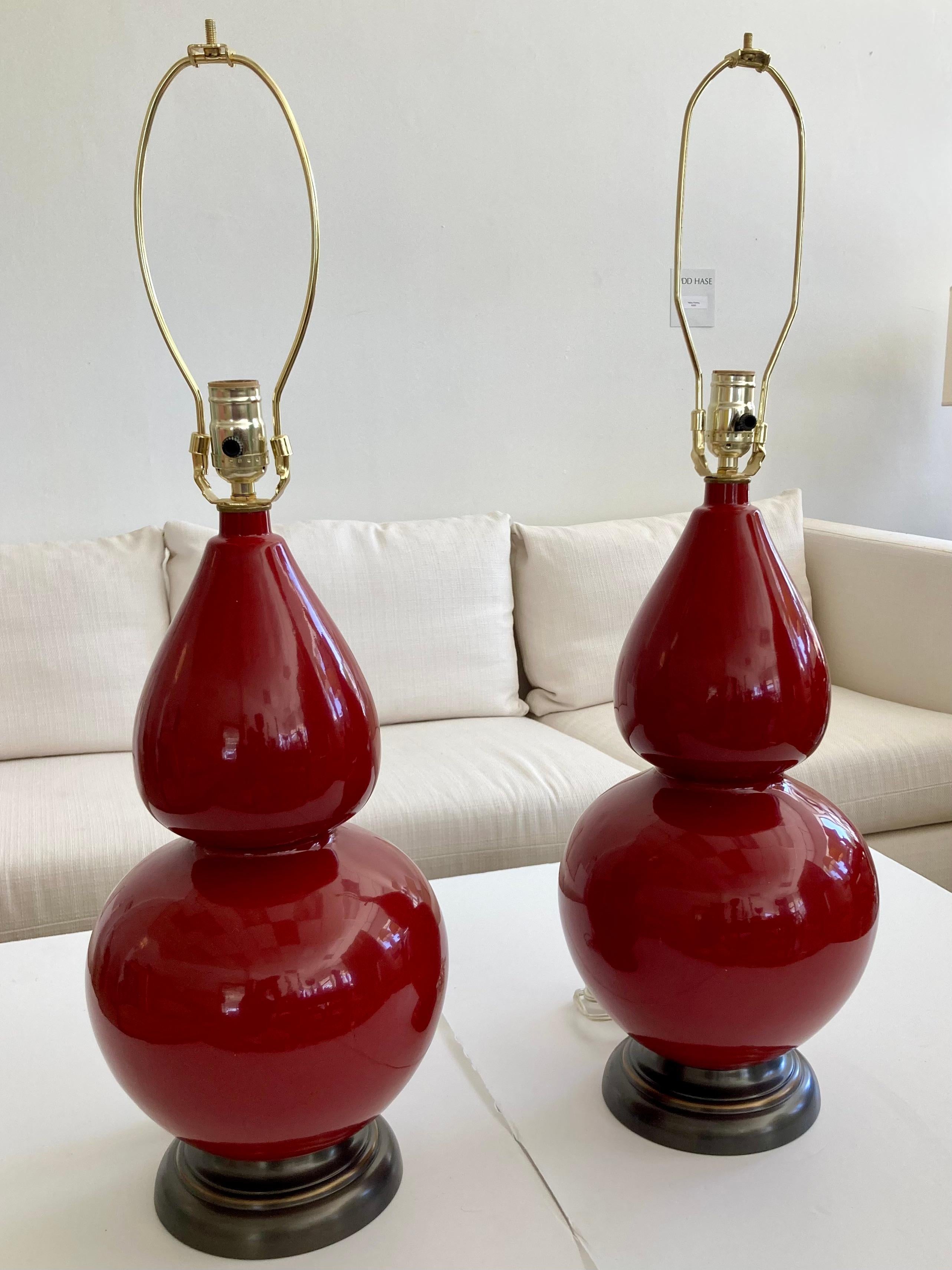Other Burnt Red Glazed Ceramic Gourd Table Lamps With, a Pair For Sale