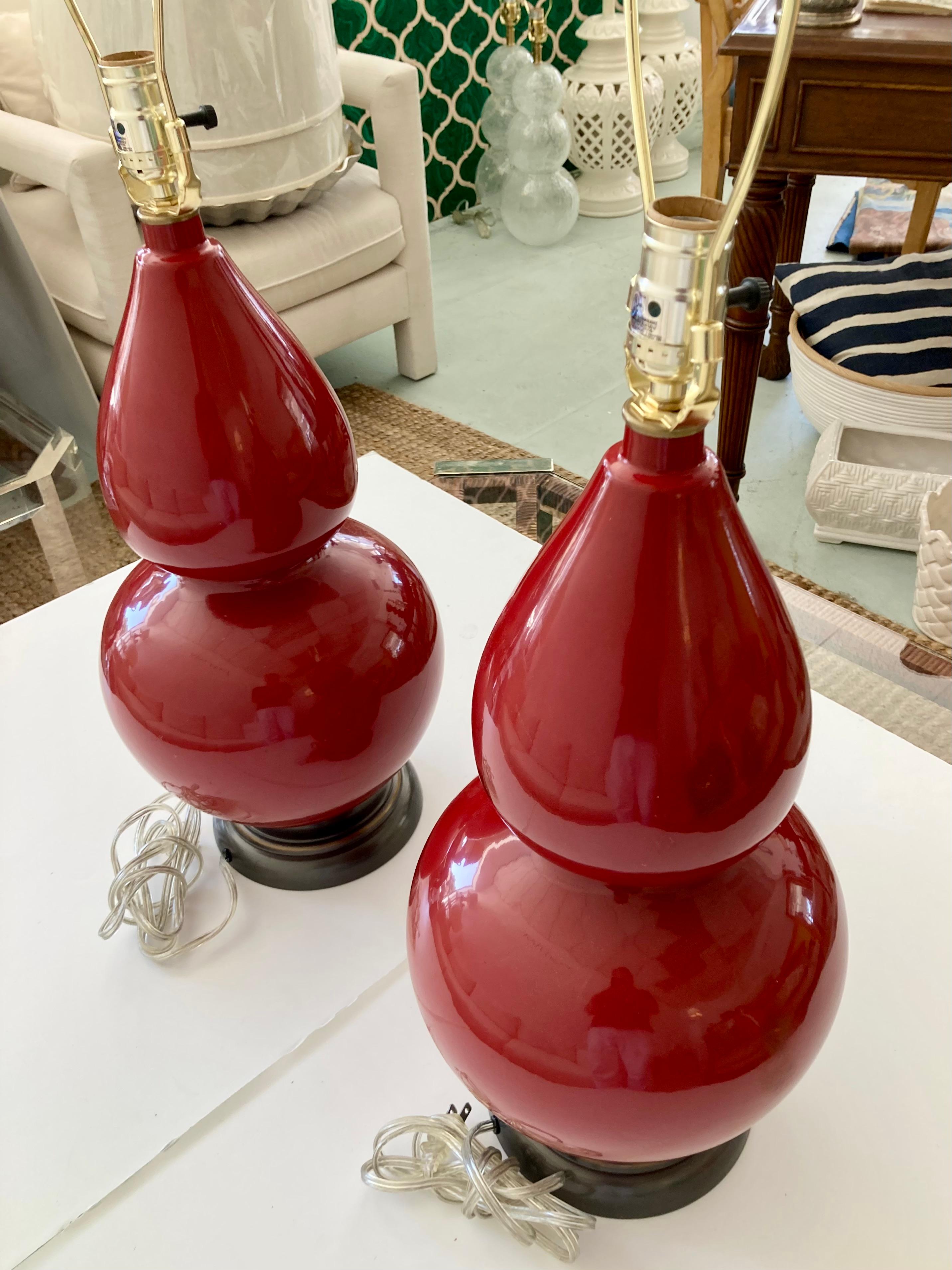 American Burnt Red Glazed Ceramic Gourd Table Lamps With, a Pair For Sale