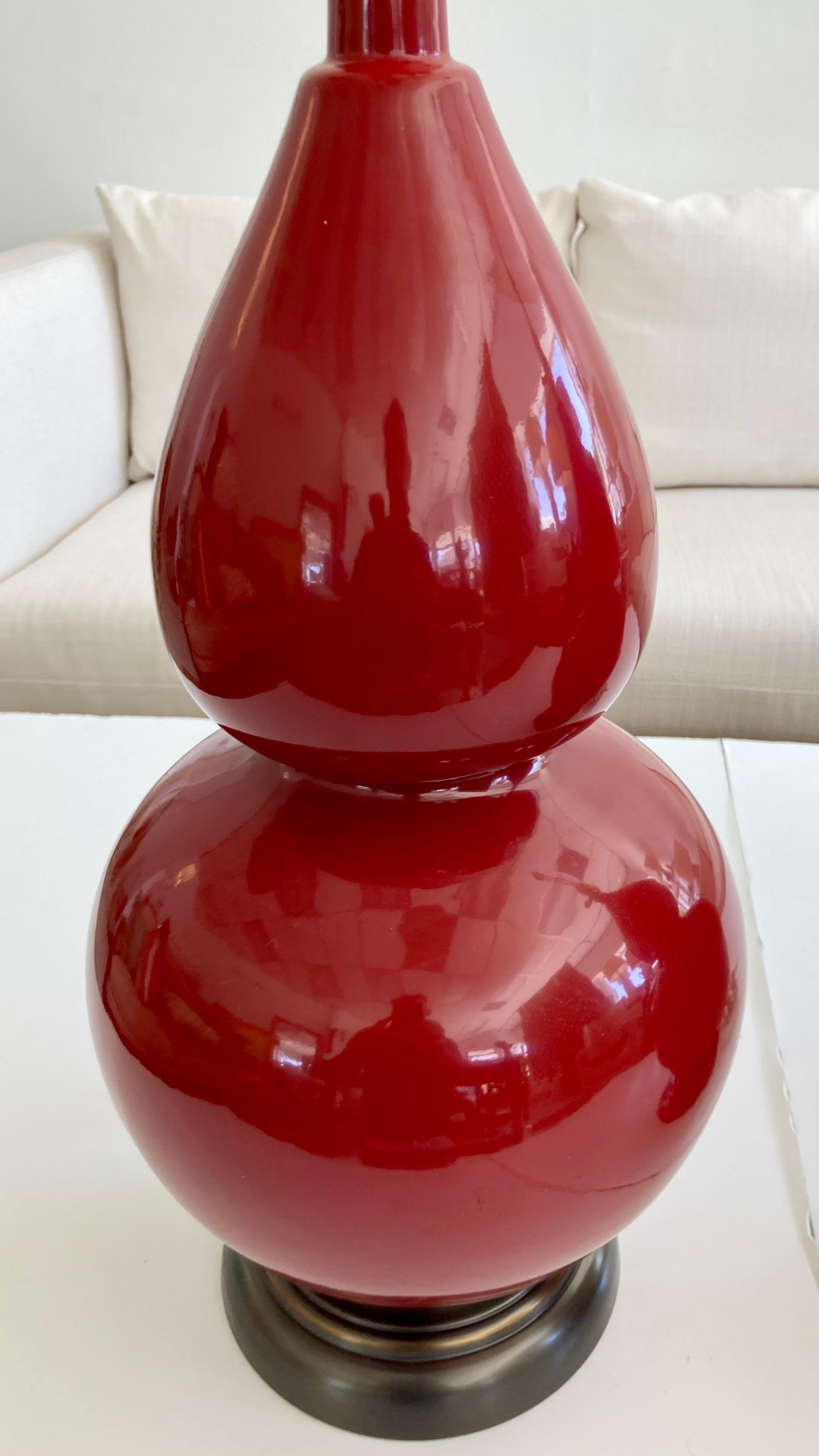 Burnt Red Glazed Ceramic Gourd Table Lamps With, a Pair For Sale 1