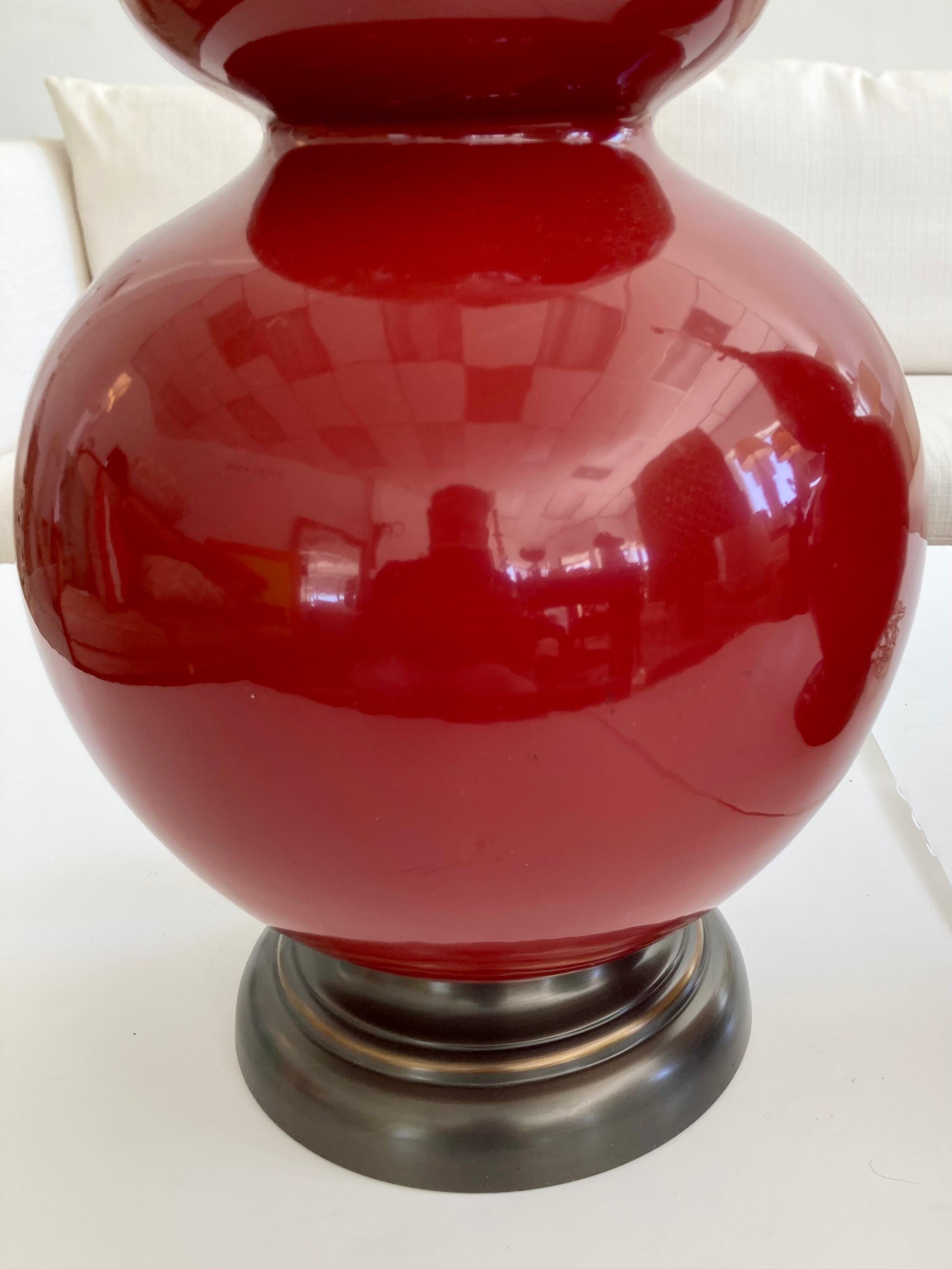 Burnt Red Glazed Ceramic Gourd Table Lamps With, a Pair For Sale 3