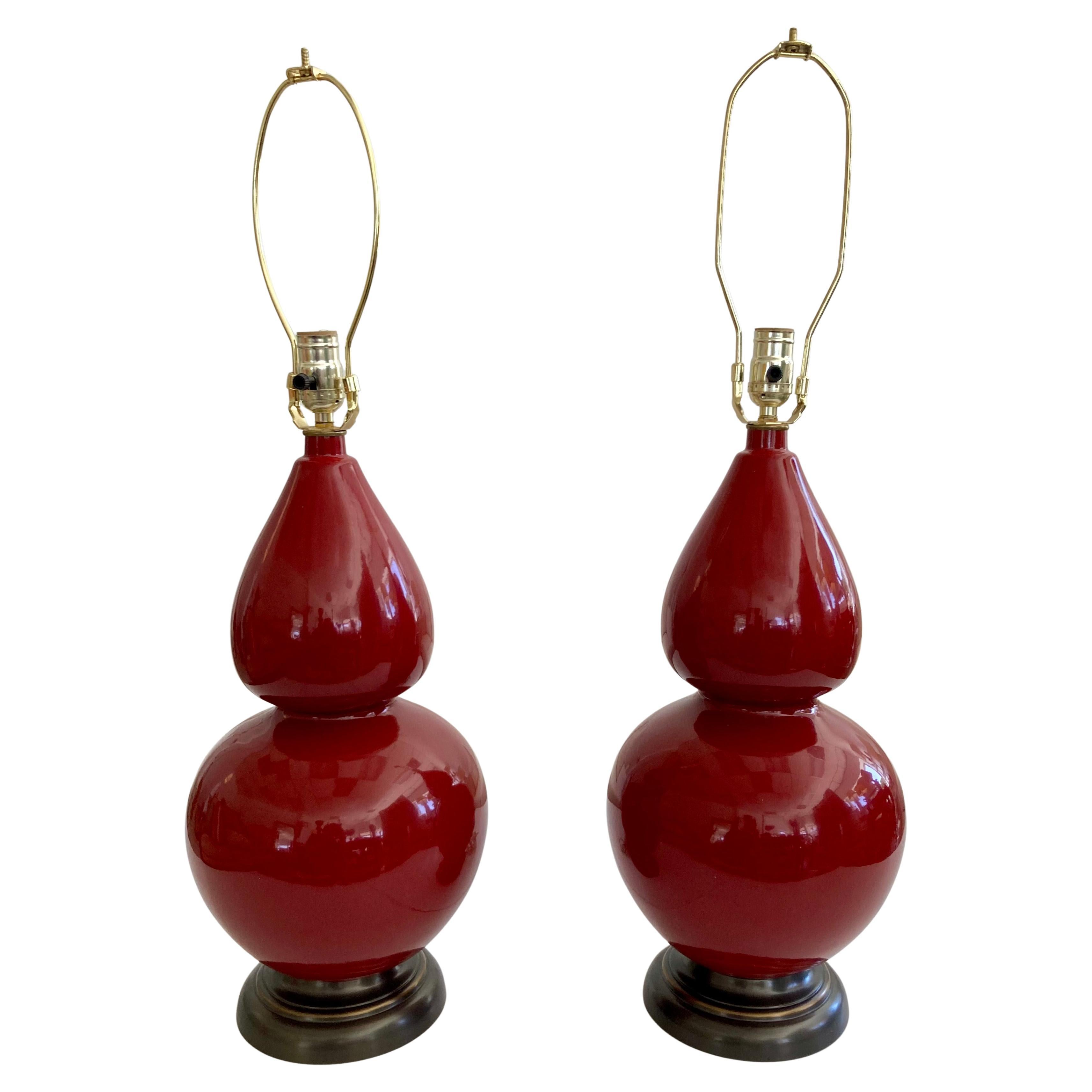Burnt Red Glazed Ceramic Gourd Table Lamps With, a Pair For Sale