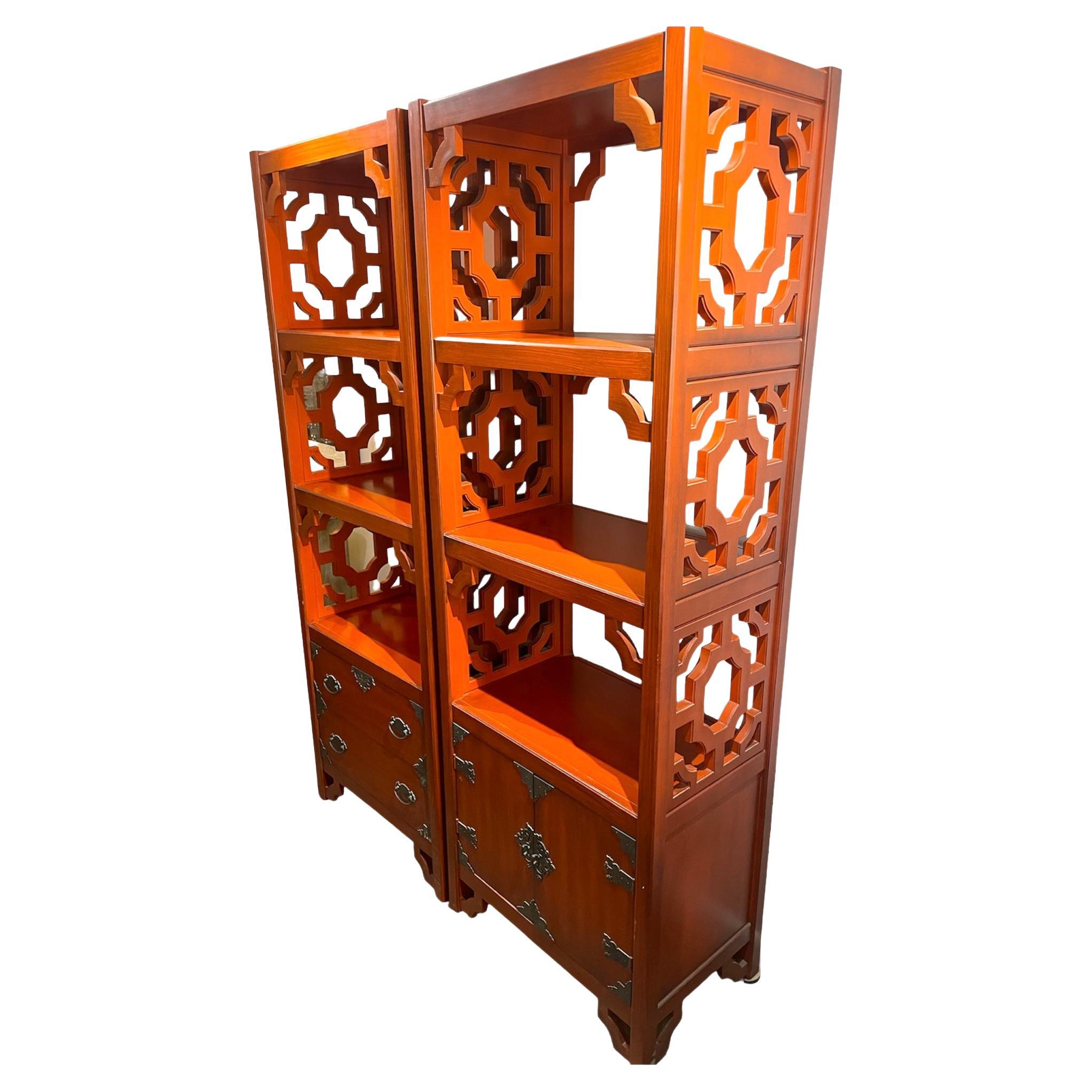 Burnt Orange Pair of Chinese Side by Side Shelves