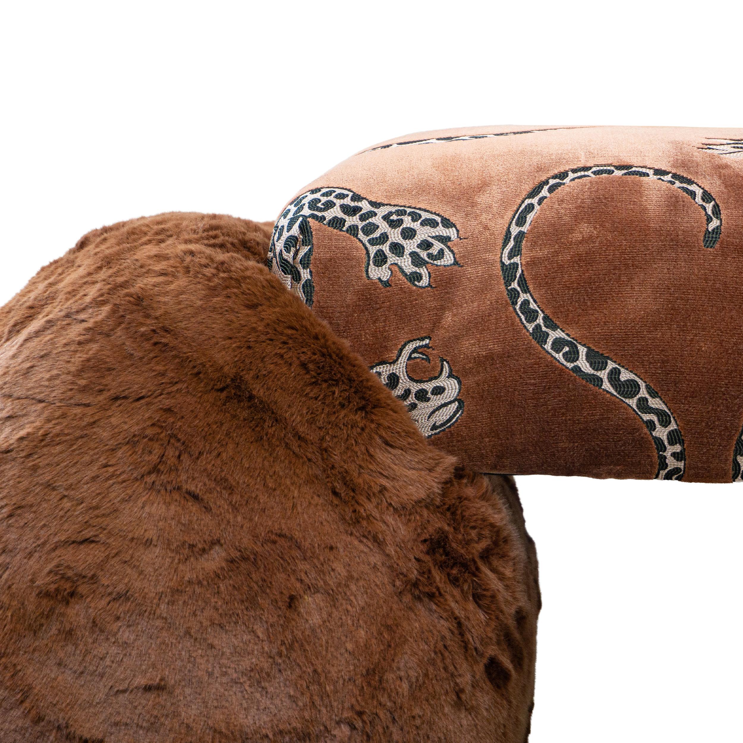 Burnt Sienna Cheetah Cut Velvet and Faux Fur Organic Modernism Bench For Sale 5