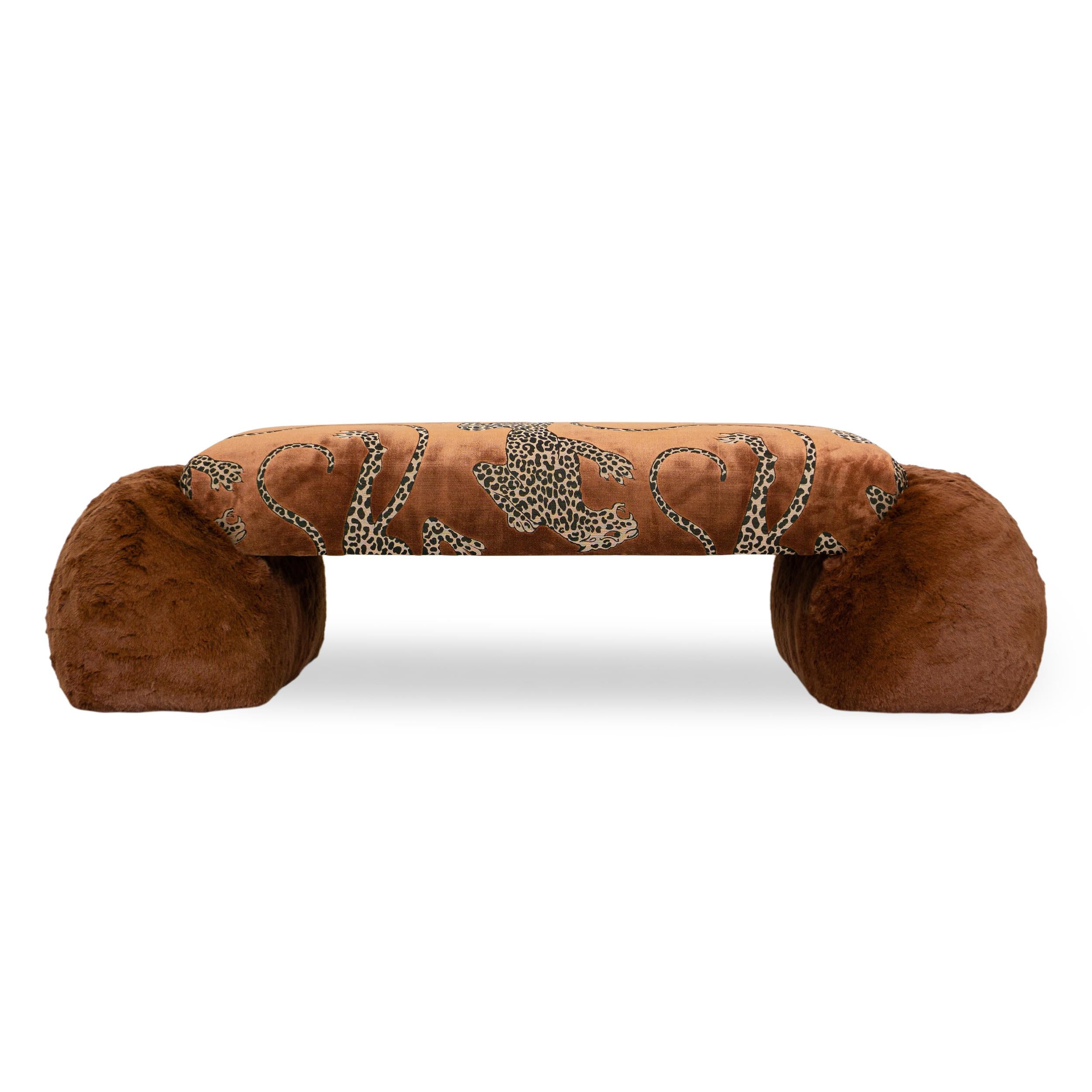 Embroidered Burnt Sienna Cheetah Cut Velvet and Faux Fur Organic Modernism Bench For Sale