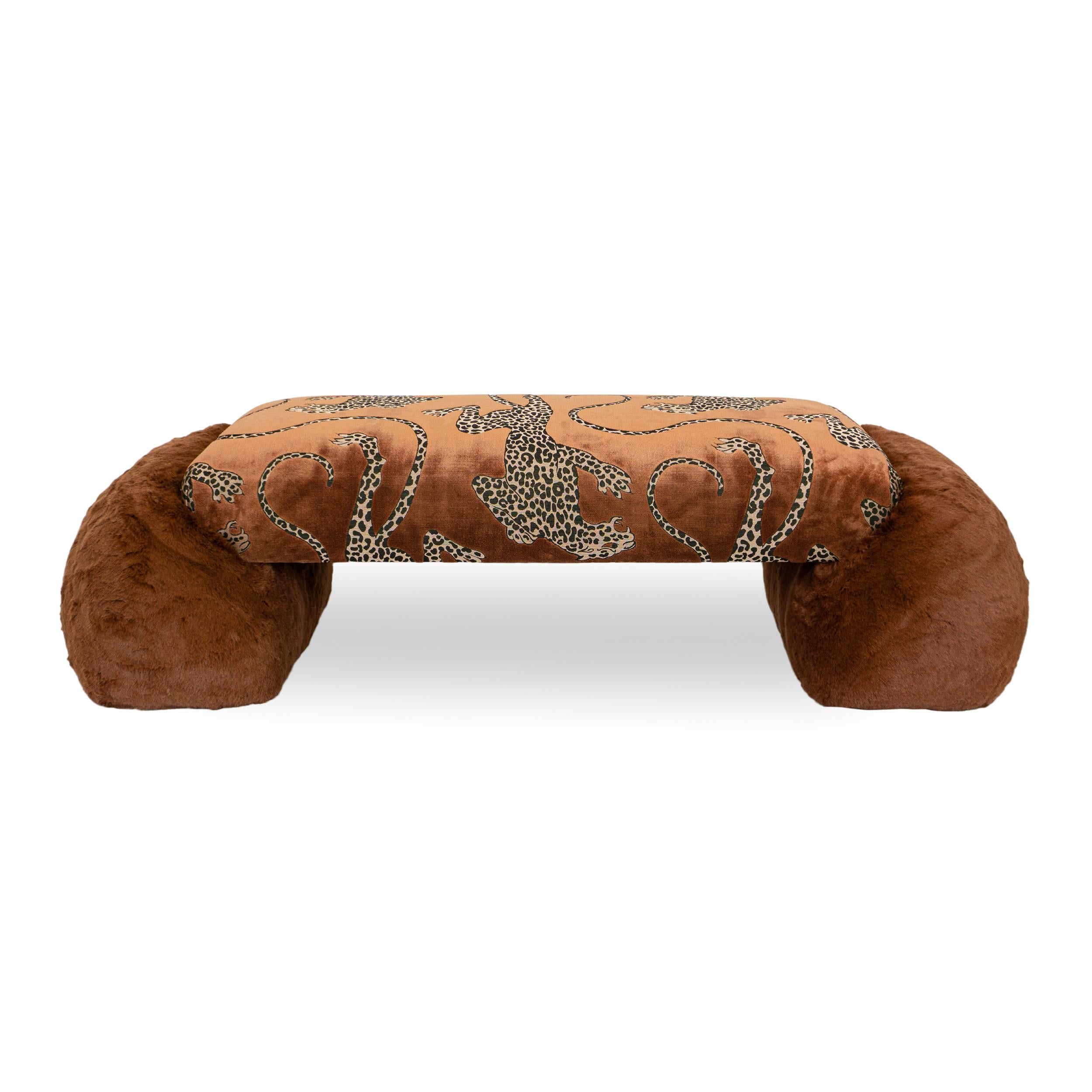 Burnt Sienna Cheetah Cut Velvet and Faux Fur Organic Modernism Bench In New Condition For Sale In Greenwich, CT