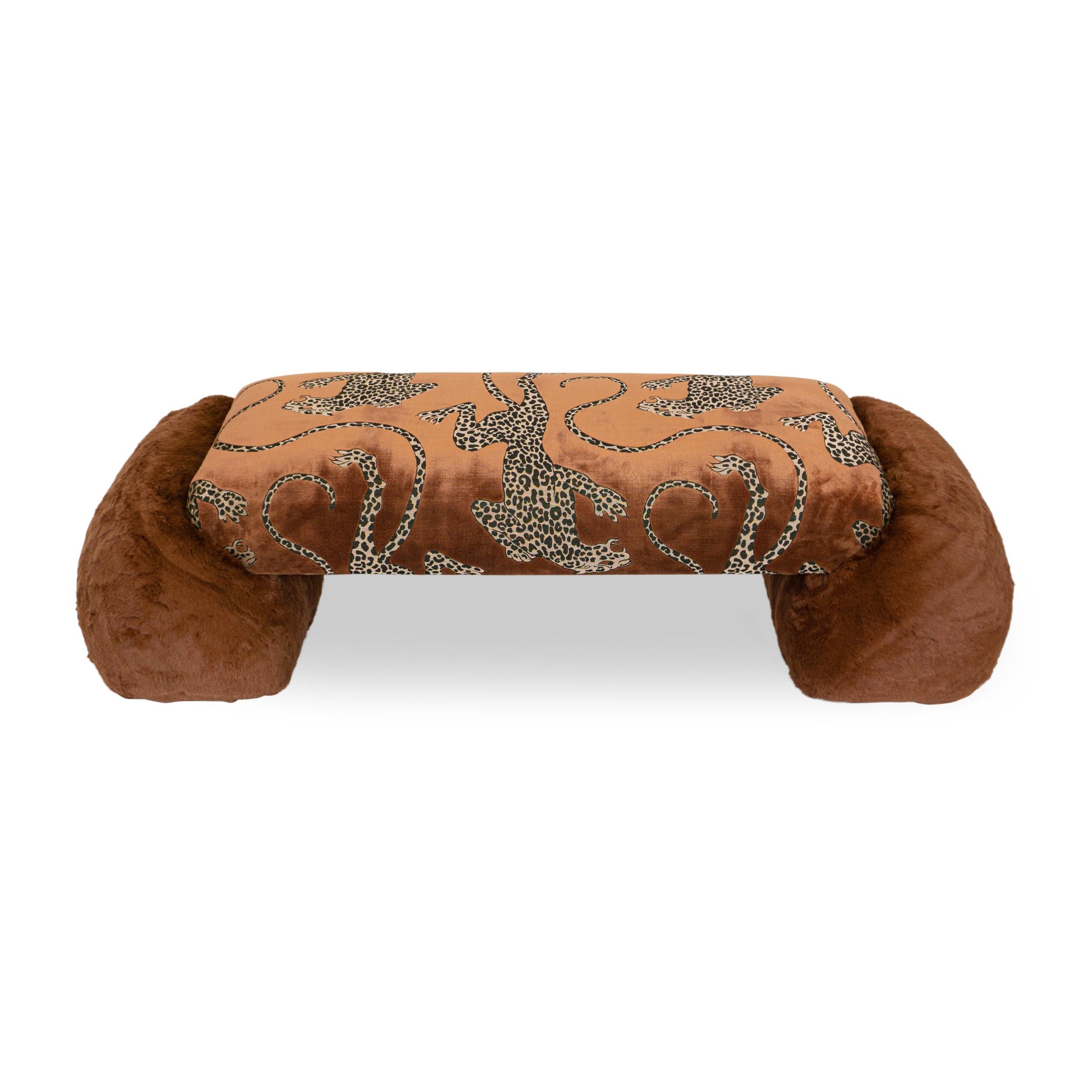 Contemporary Burnt Sienna Cheetah Cut Velvet and Faux Fur Organic Modernism Bench For Sale