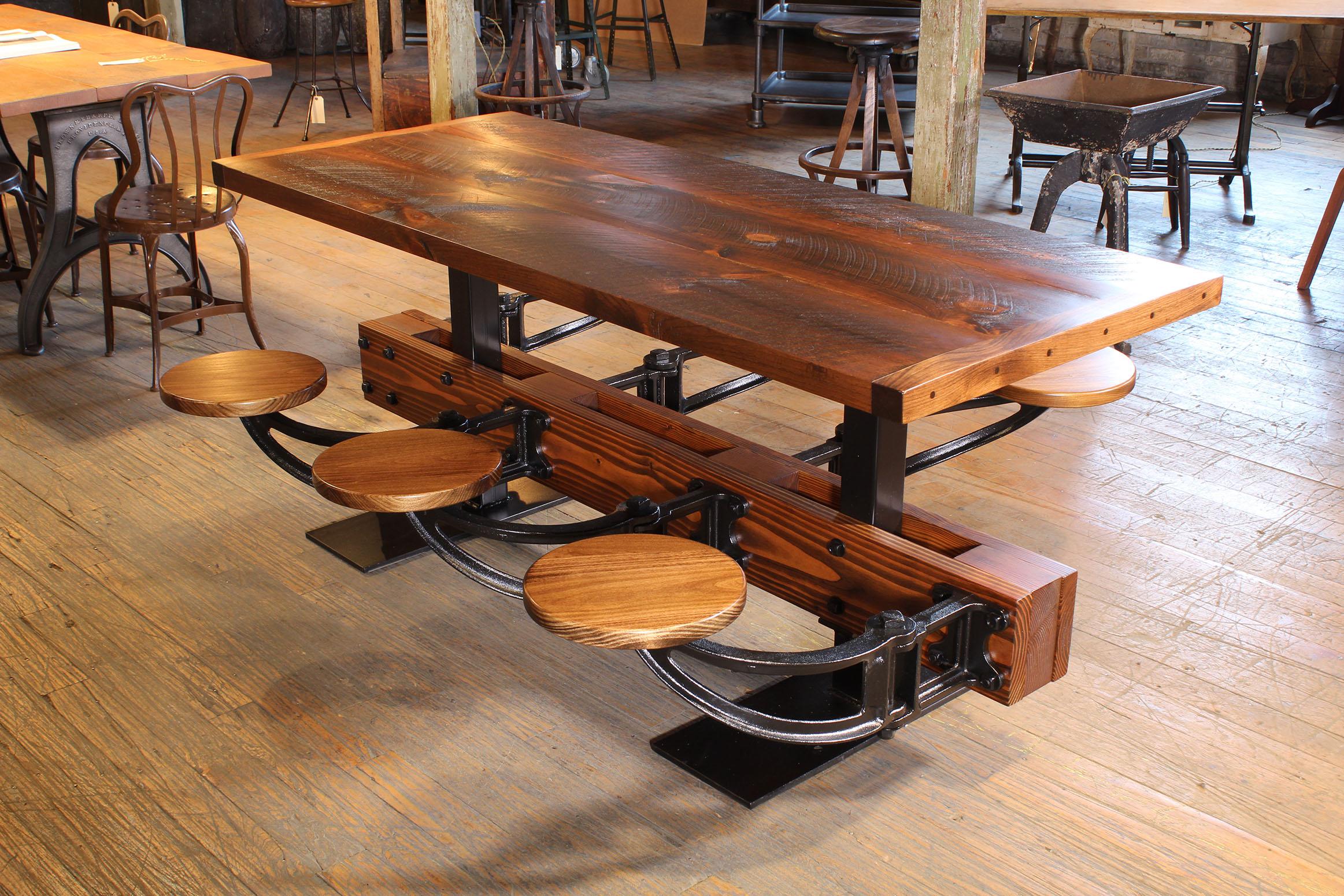 Burnt Top Rustic Dining Table Set with Attached Cast Iron Swing out Seats For Sale 1