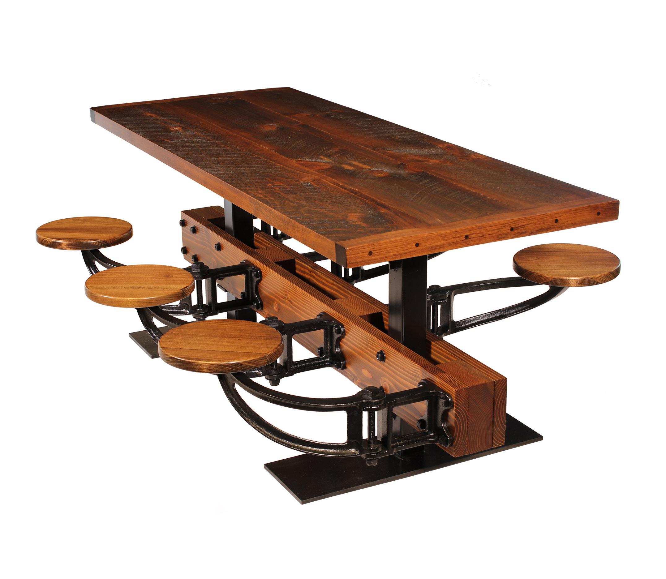 Industrial cast iron and wood swing out seat dining table set. Seats are cast from ductile iron and are stress tested to over 1000 pounds. Model shown with a 