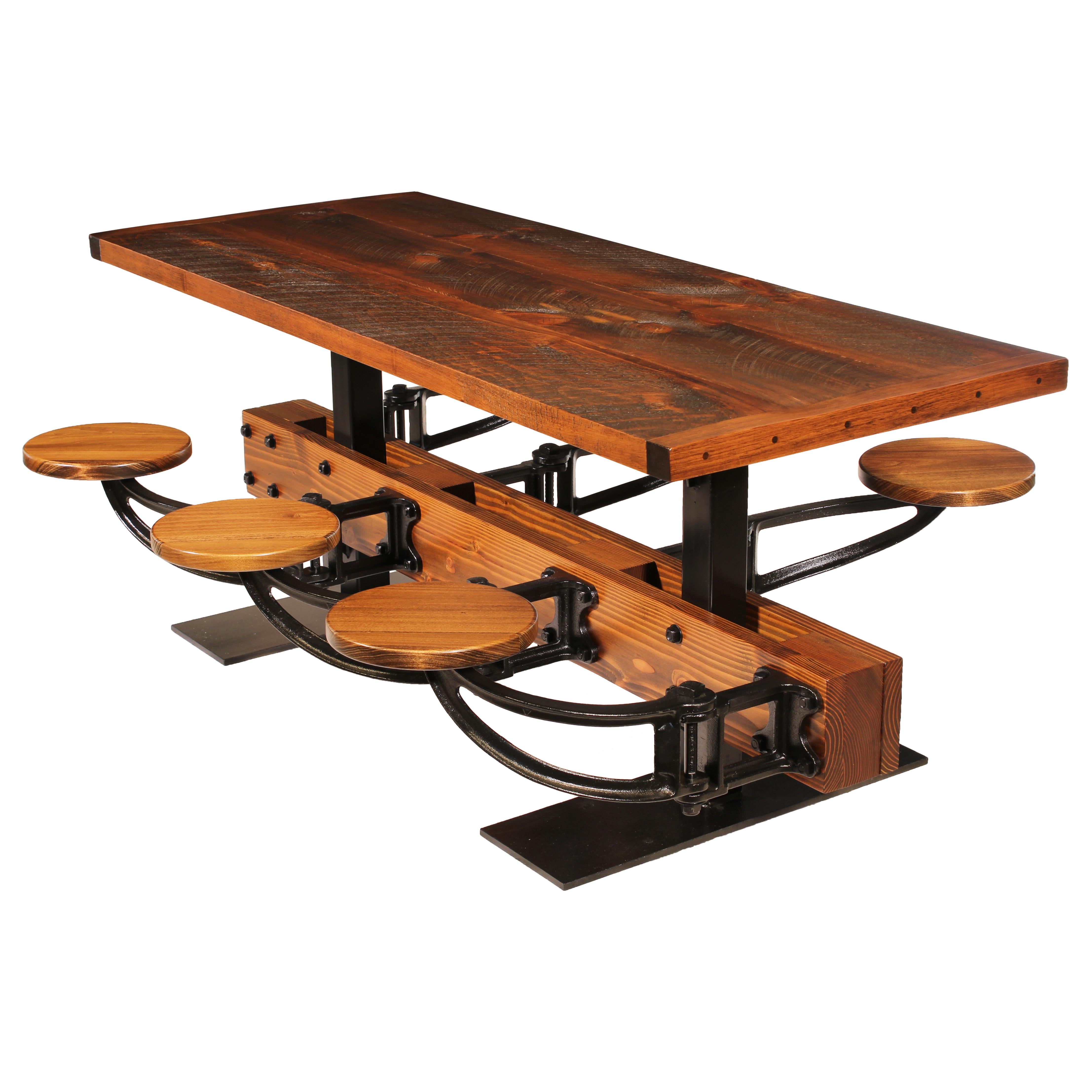 Burnt Top Rustic Dining Table Set with Attached Cast Iron Swing out Seats For Sale