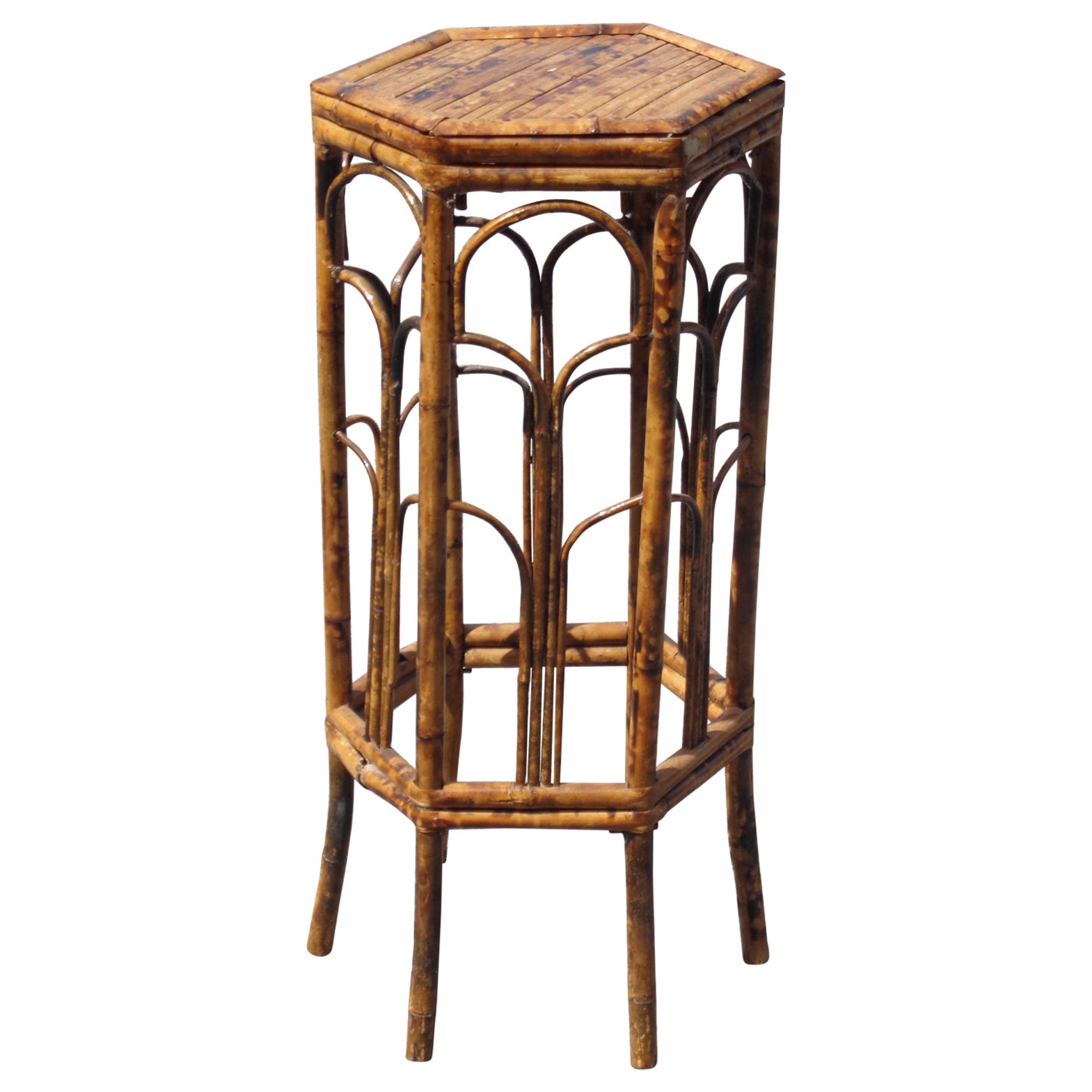 Burnt Tortoise Bamboo Rattan Hexagonal Plant Stand, Circa 1970