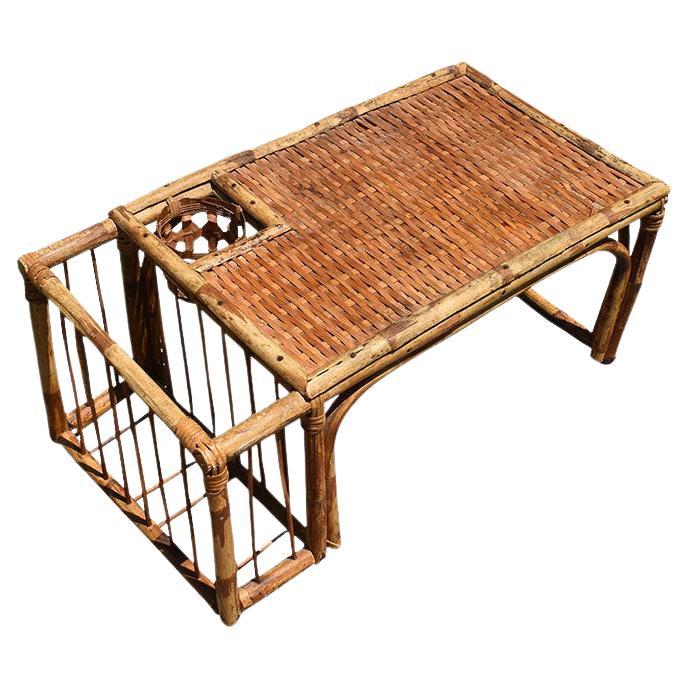 Burnt Tortoise Wood Bamboo Breakfast Bed Tray with Magazine Rack and Cup Holder For Sale