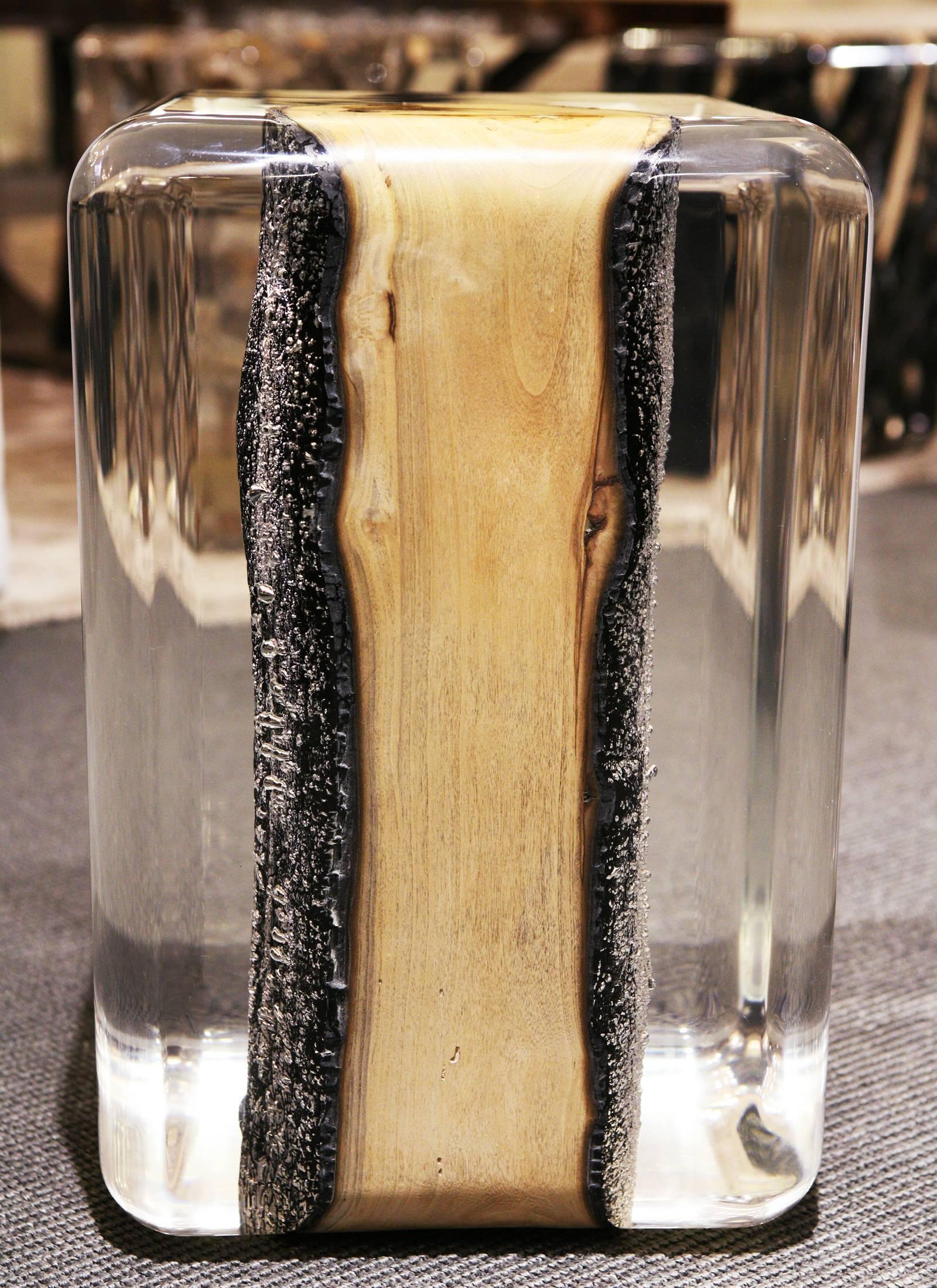 Fait main Table d'appoint Burnt Trunk en verre acrylique et Wood Wood massif brûlé en vente