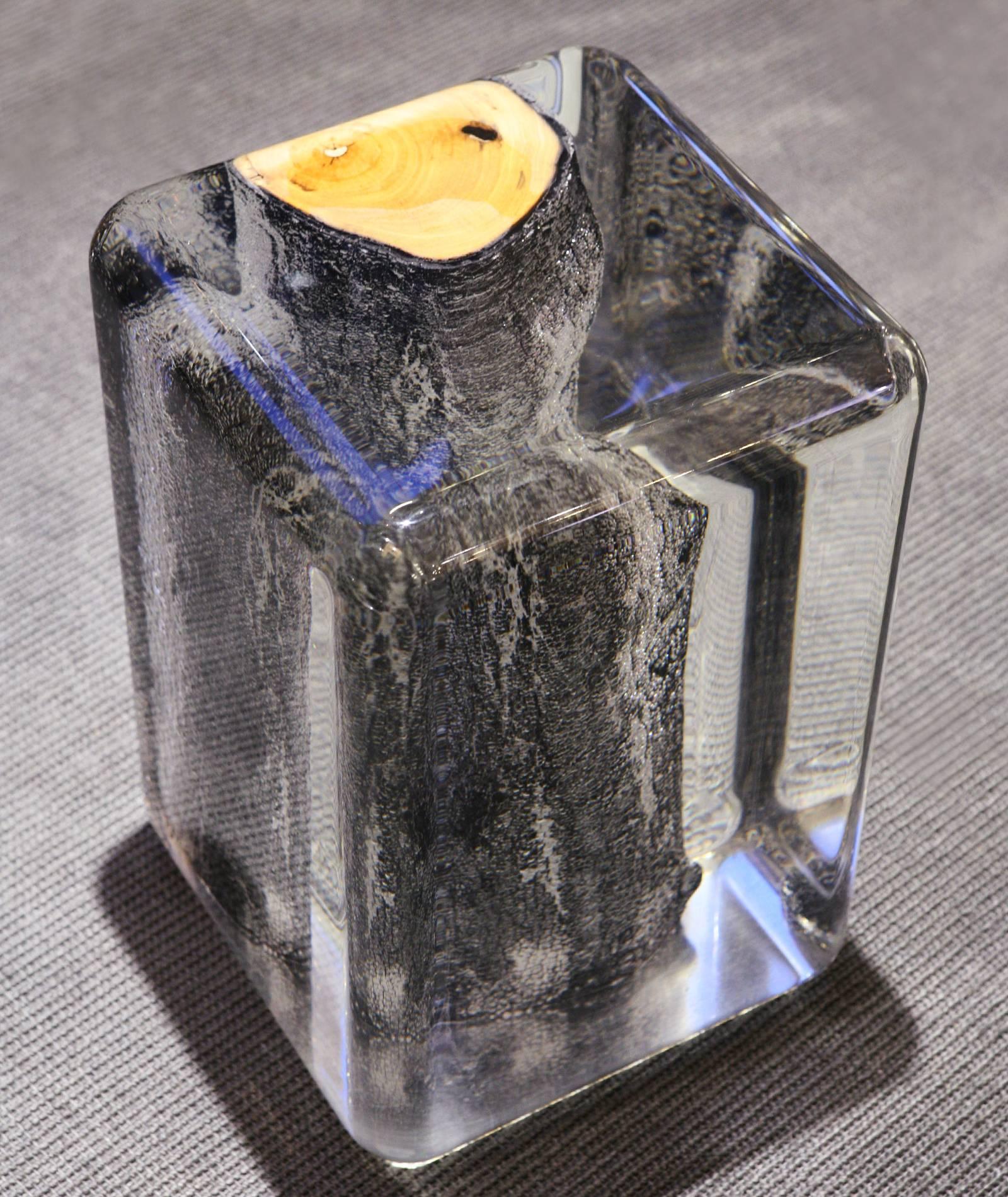 Français Table d'appoint en forme de coffre brûlé avec verre acrylique et bois massif brûlé en vente