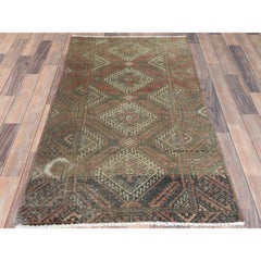 Burnt Umber Brown Bohemian Old Persian Baluch Worn Wool Hand Knotted Runner Rug