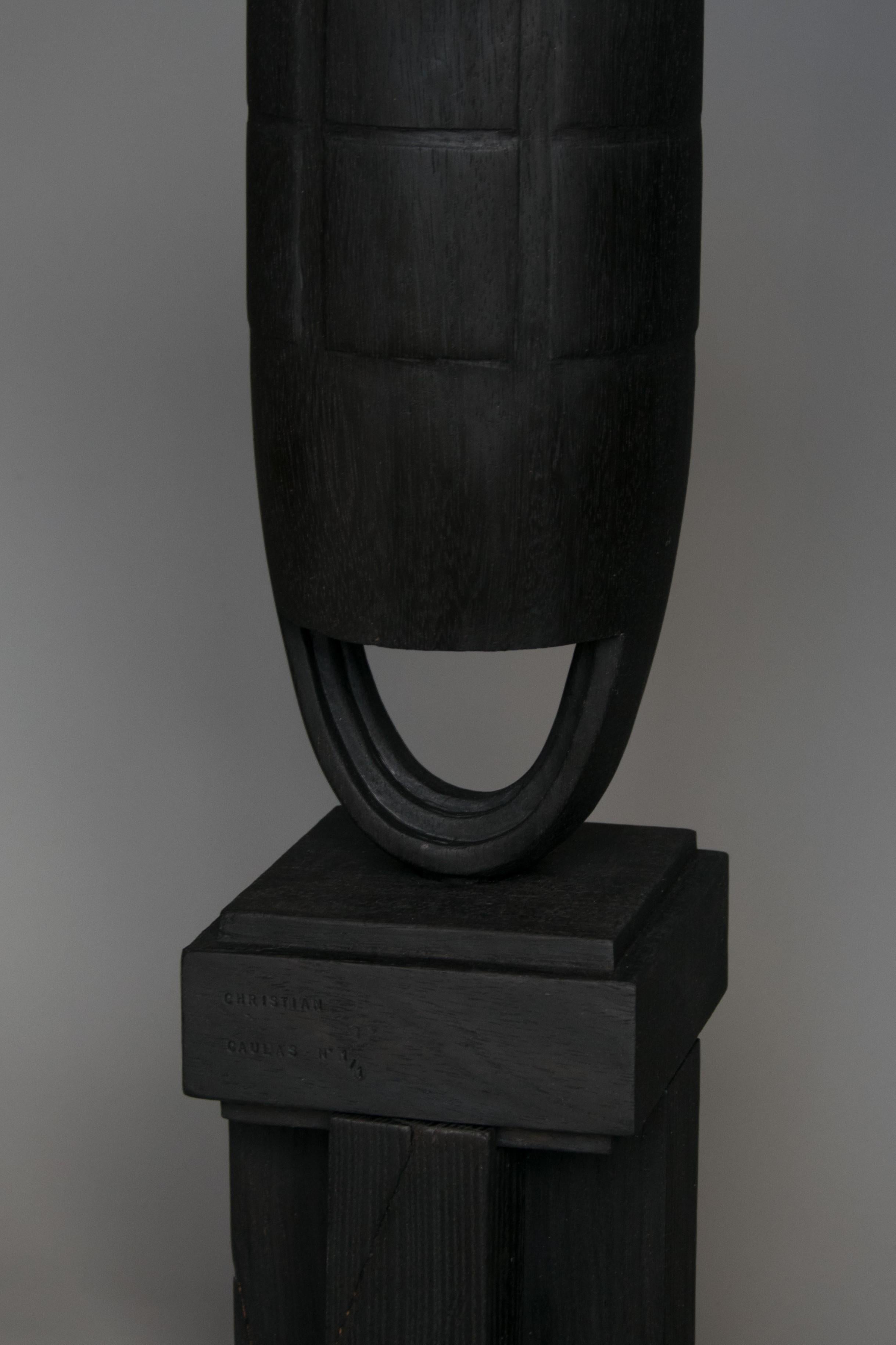 Modern Burnt Walnut Candleholder Sculpted by Christian Caulas