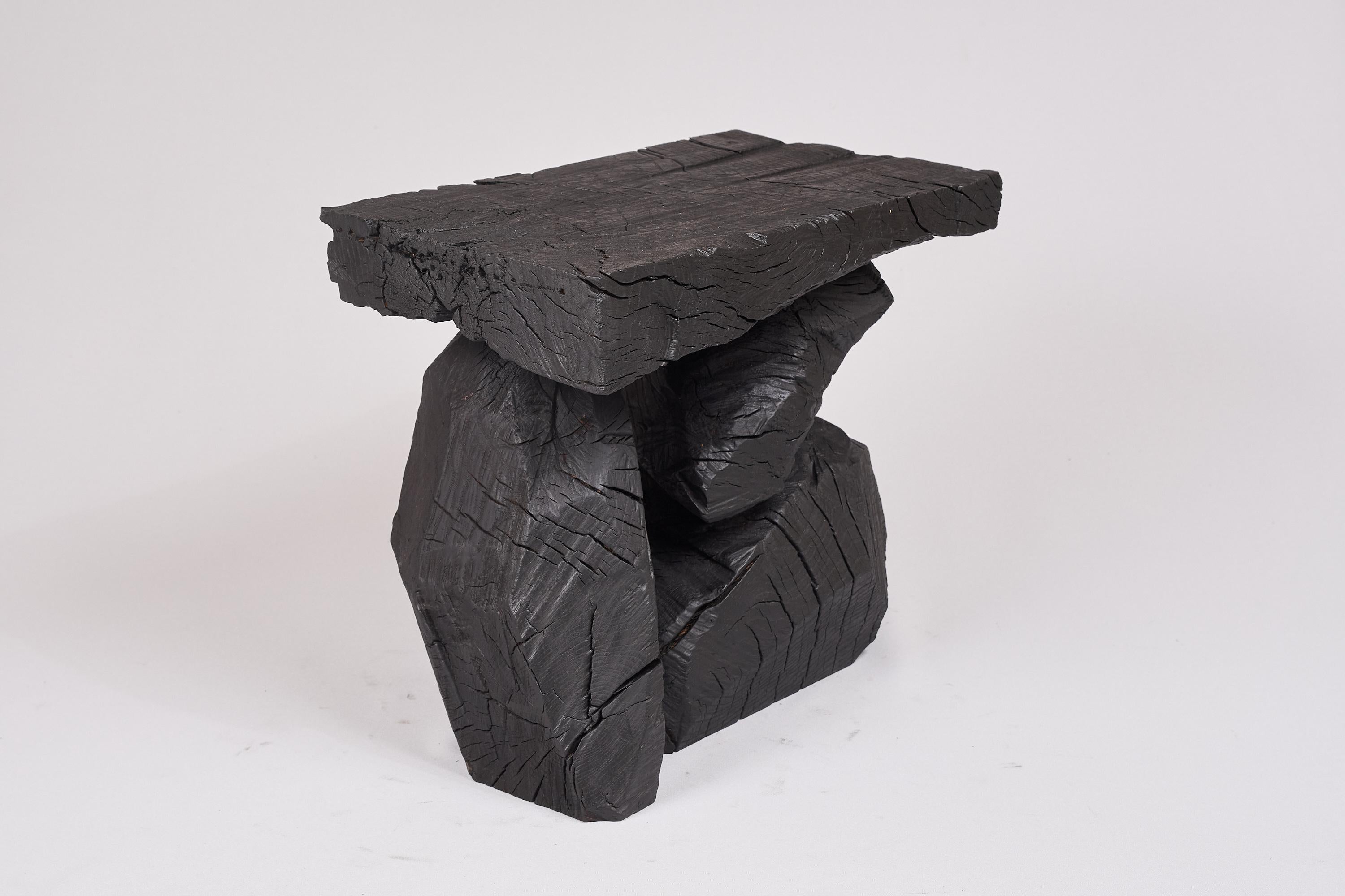 Contemporary Burnt Wood Stool, Side Table, Carved Furniture, Original Design, Logniture