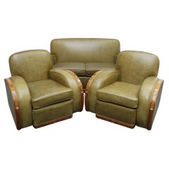 Burr and Figured Walnut Art Deco Tank Suite with Leather Re-Upholstery