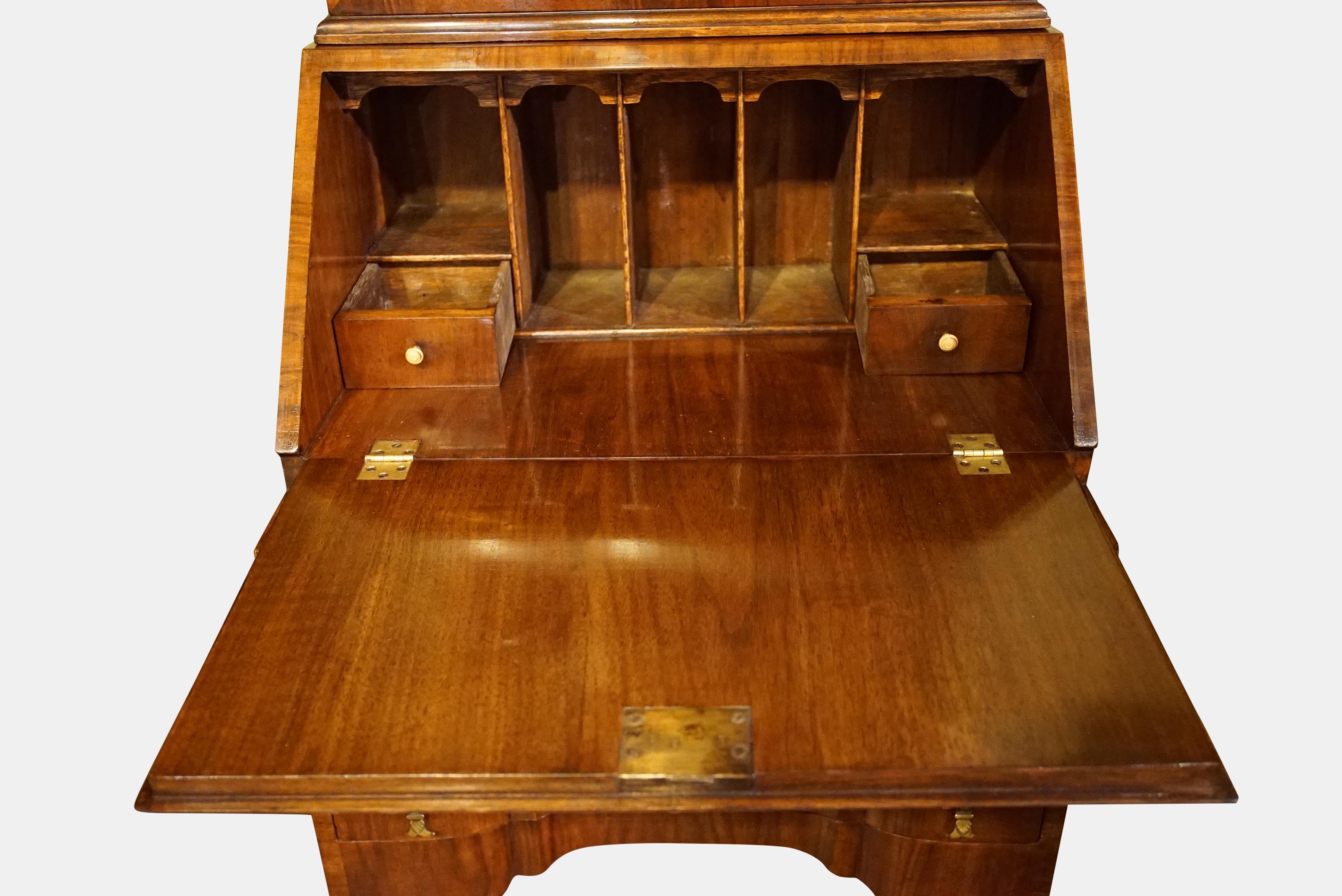 Burr and Figured Walnut Queen Anne Style Bureau-Bookcase For Sale 1
