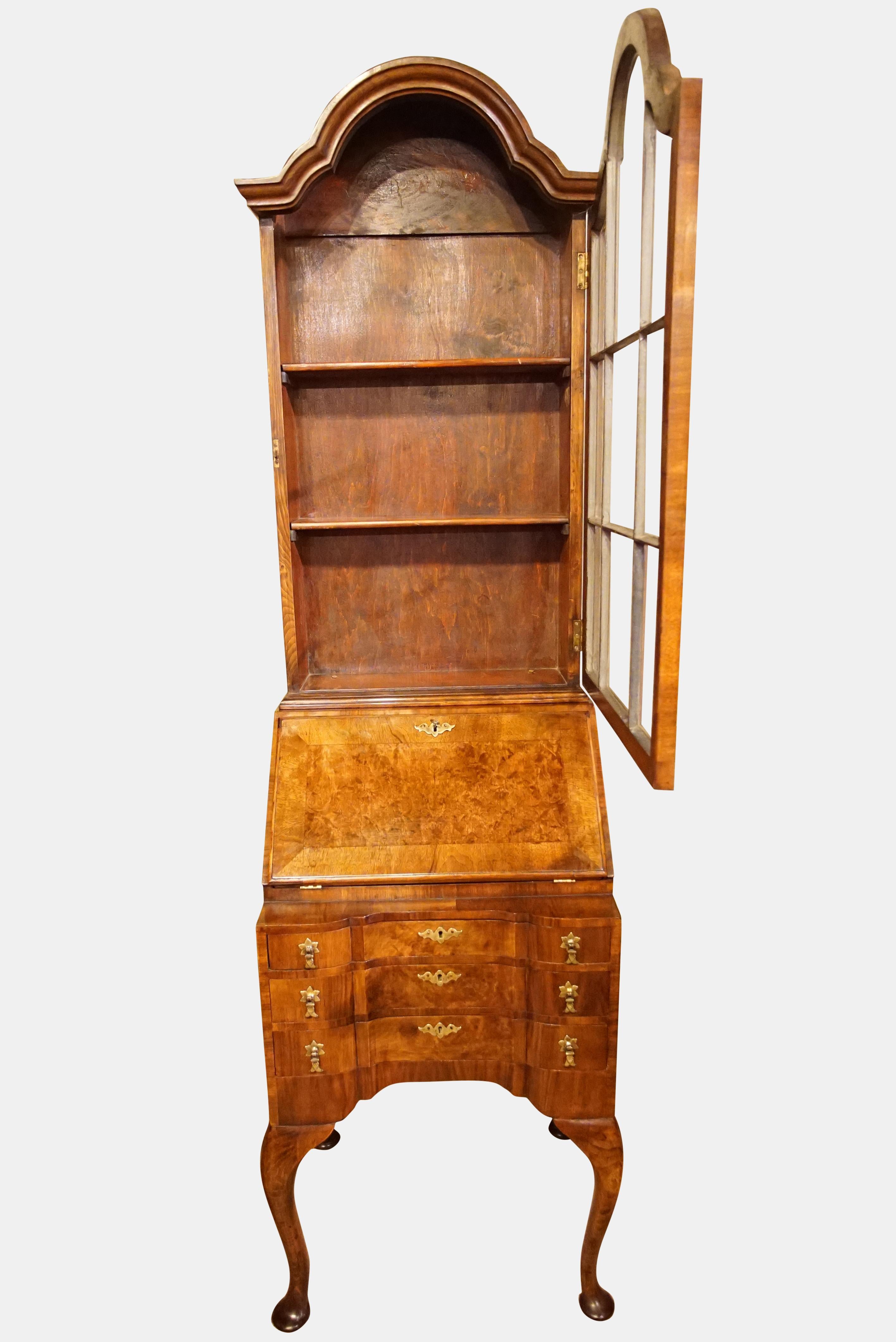 Burr and Figured Walnut Queen Anne Style Bureau-Bookcase For Sale 2