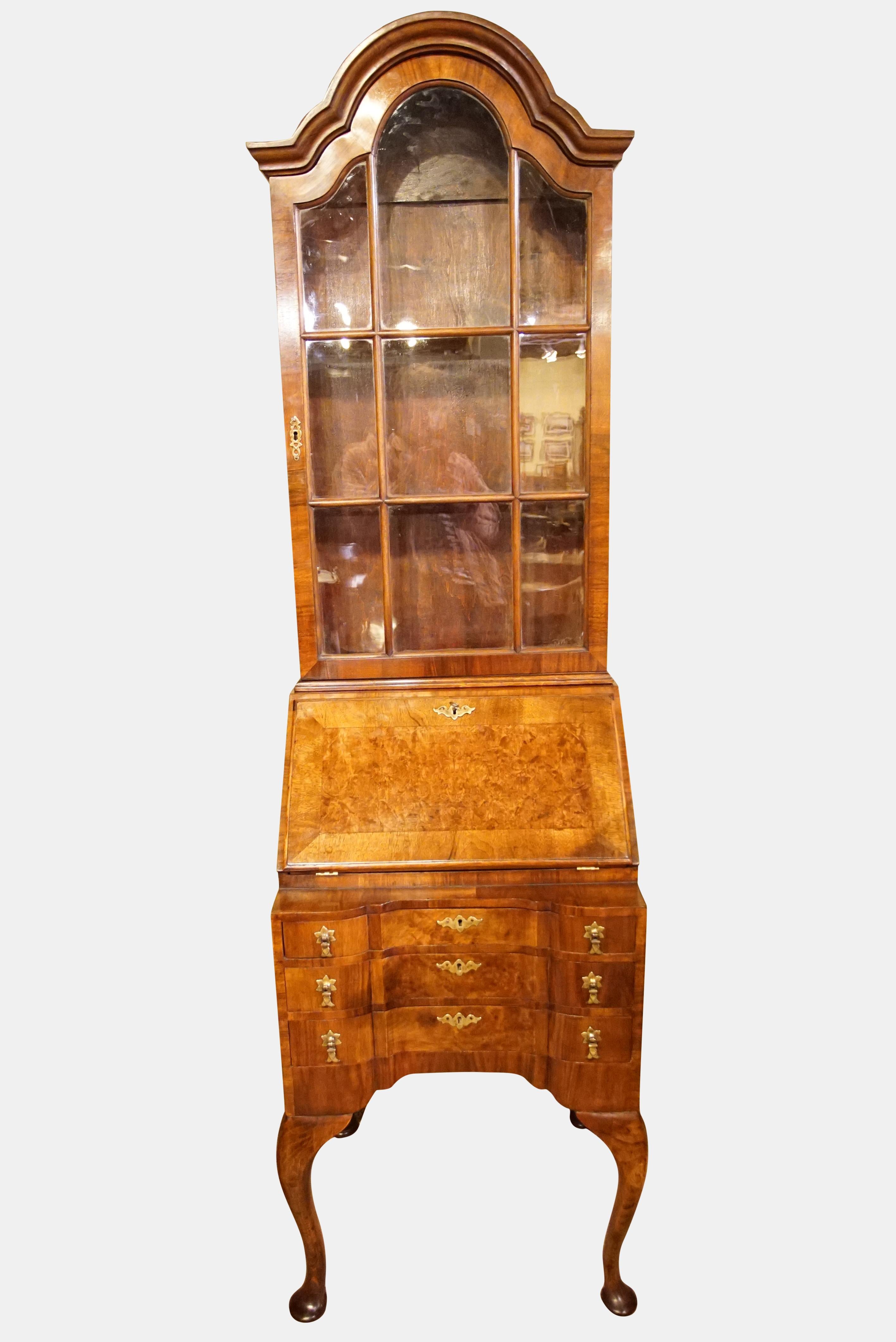 Burr and Figured Walnut Queen Anne Style Bureau-Bookcase For Sale 3