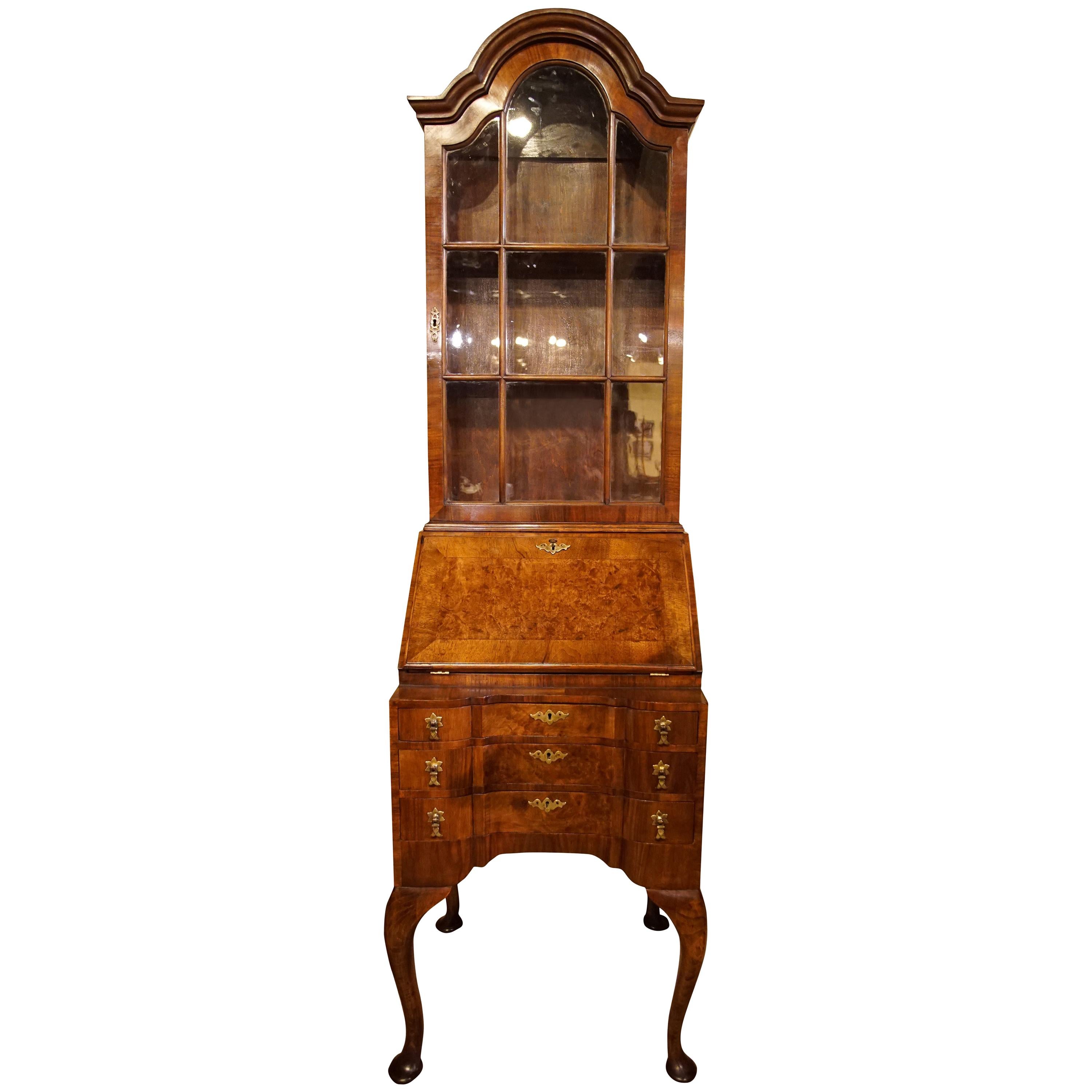 Burr and Figured Walnut Queen Anne Style Bureau-Bookcase For Sale