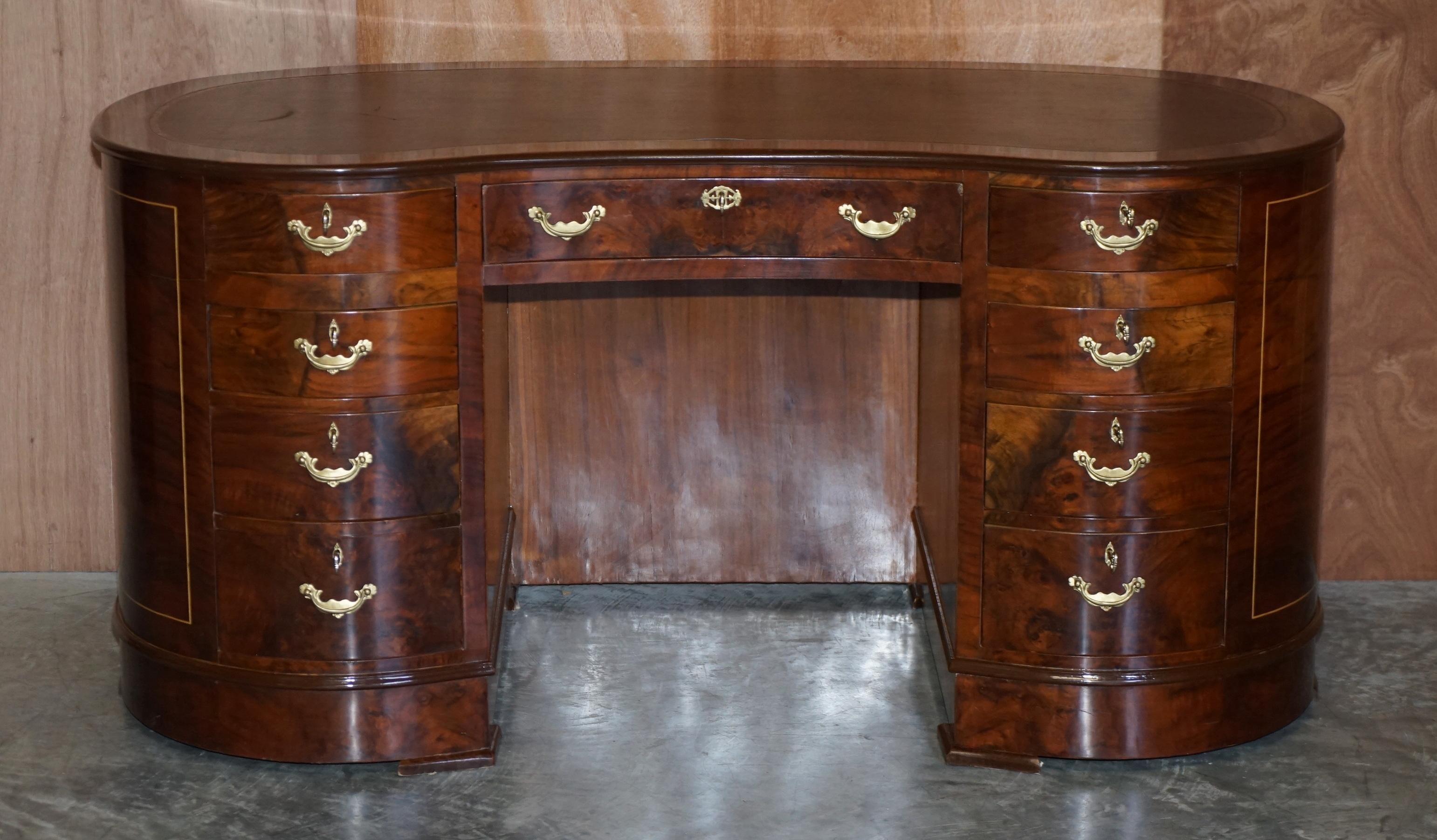 Victorian Burr & Burl Walnut 9 Drawer Kidney Desk Double Sided with Cupboards to the Rear