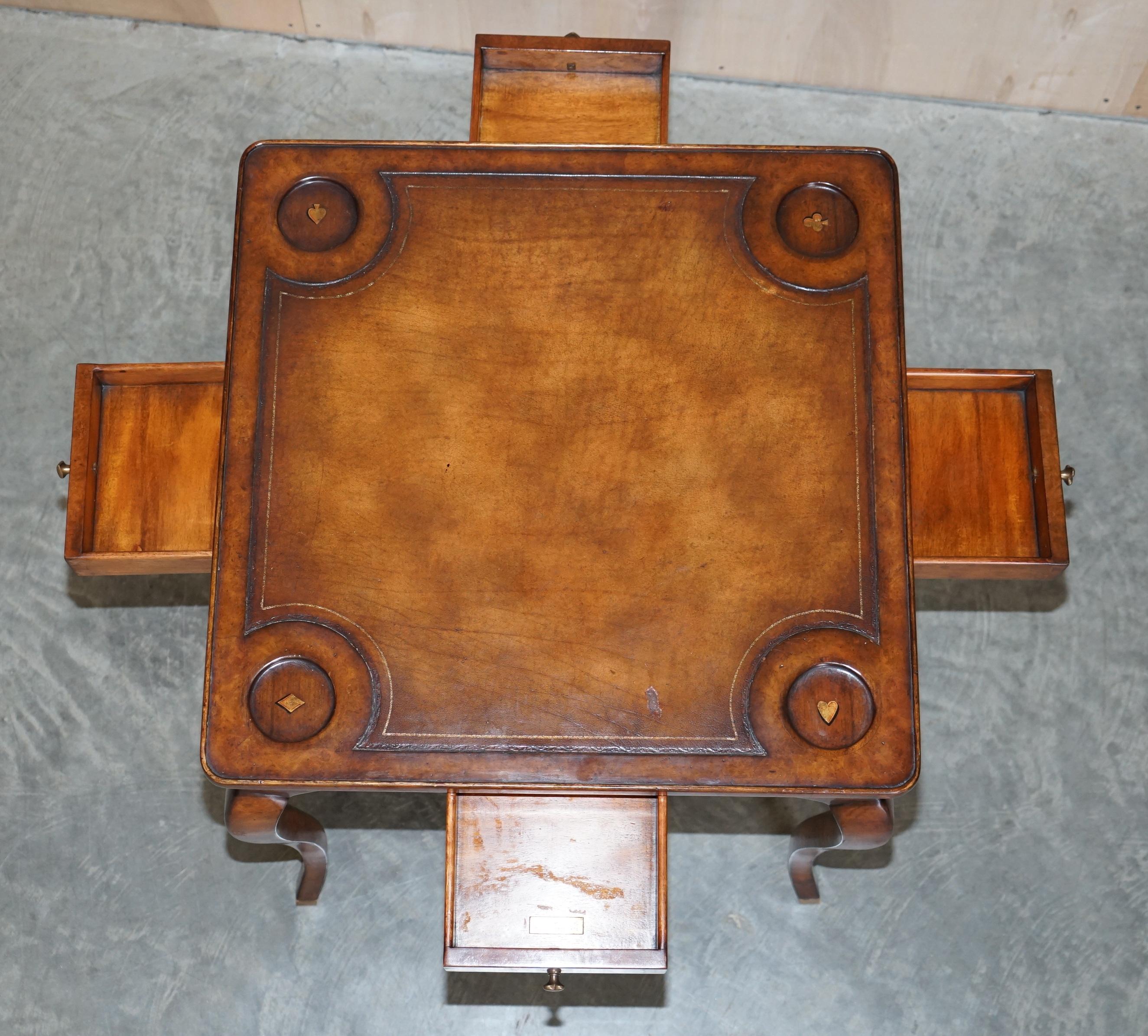 Burr / Burl Walnut & Brown Leather Theodore Alexander Cards Games Table Drawers For Sale 8