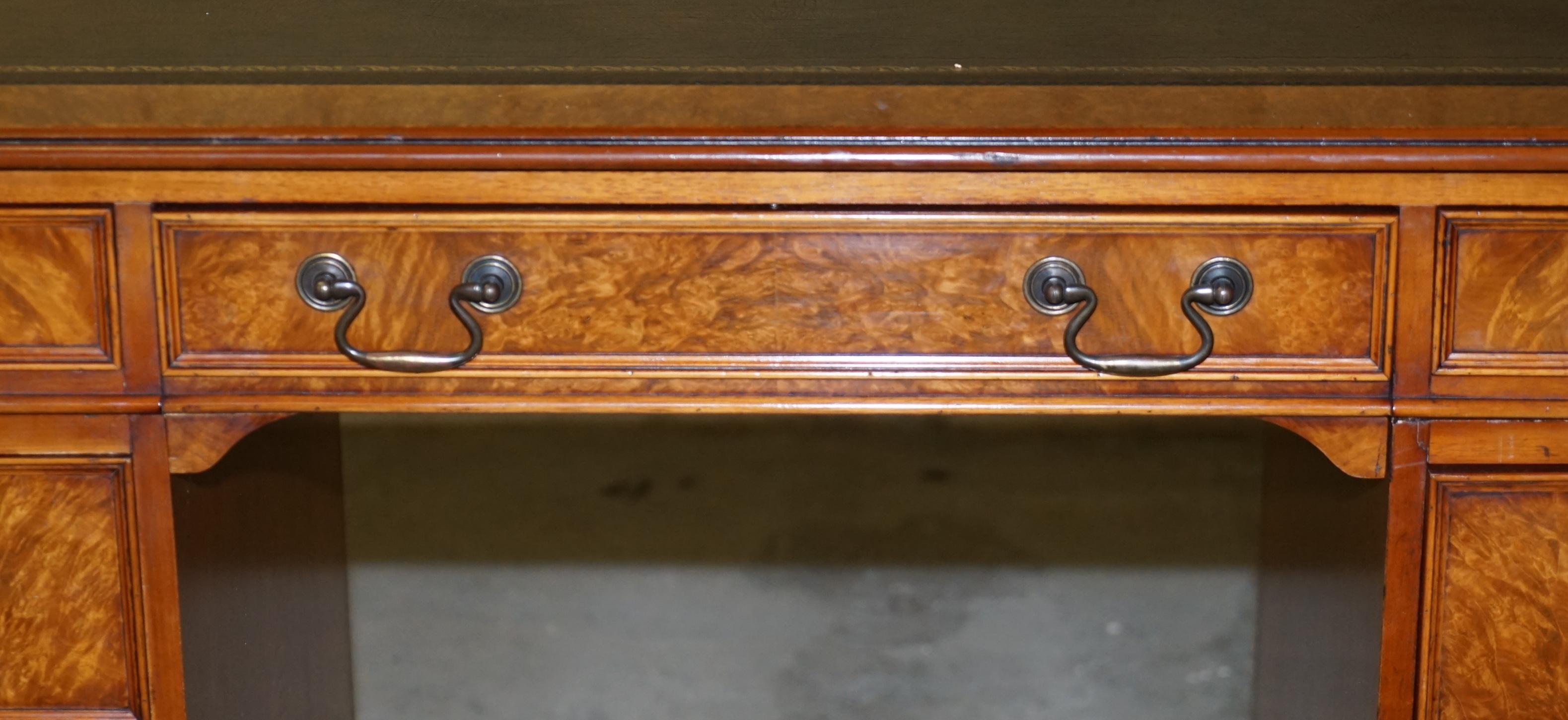 Burr & Burl Walnut Twin Pedestal Computer Partner Desk Brown Leather Writing Top 4