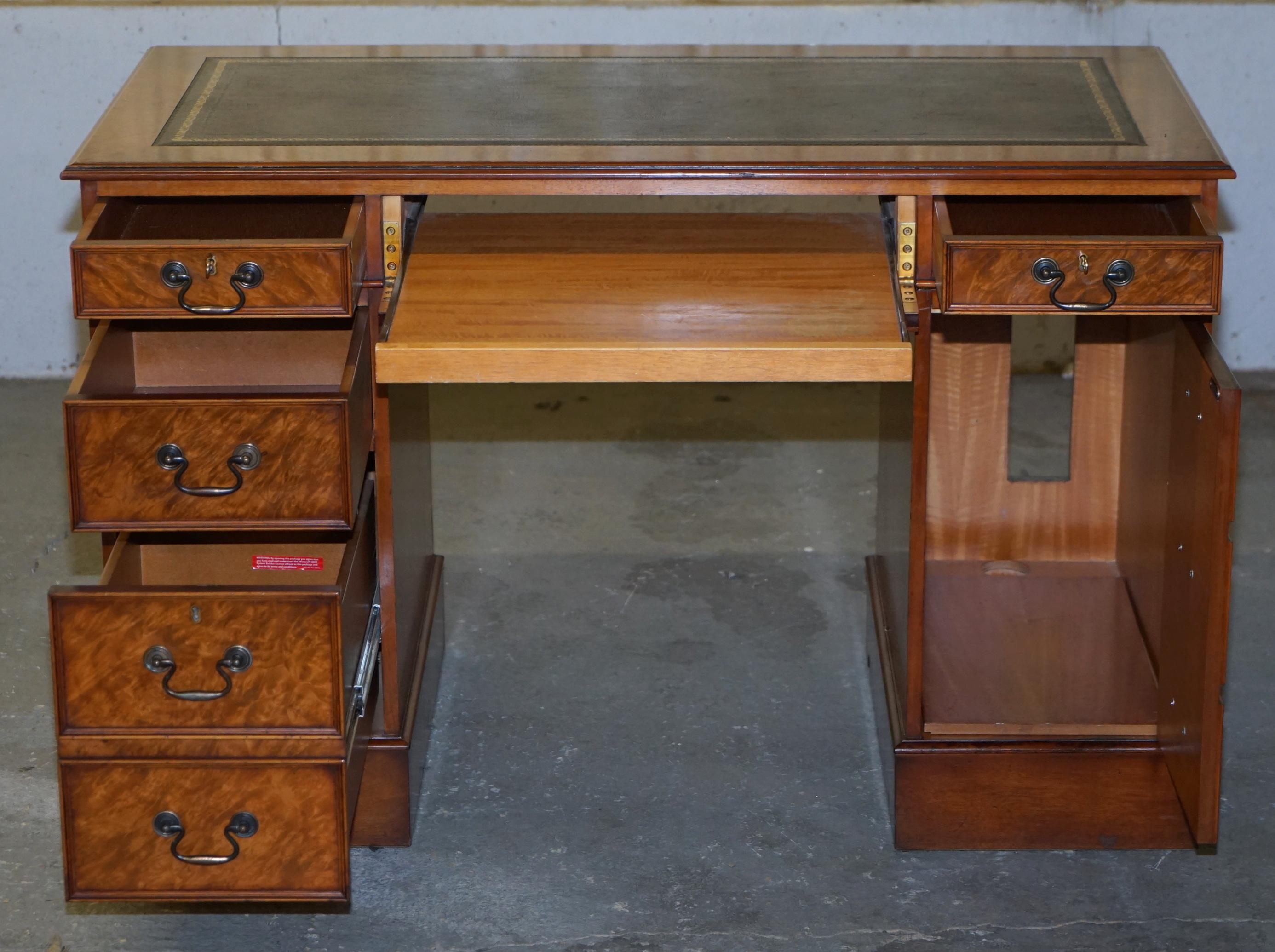 Burr & Burl Walnut Twin Pedestal Computer Partner Desk Brown Leather Writing Top 6