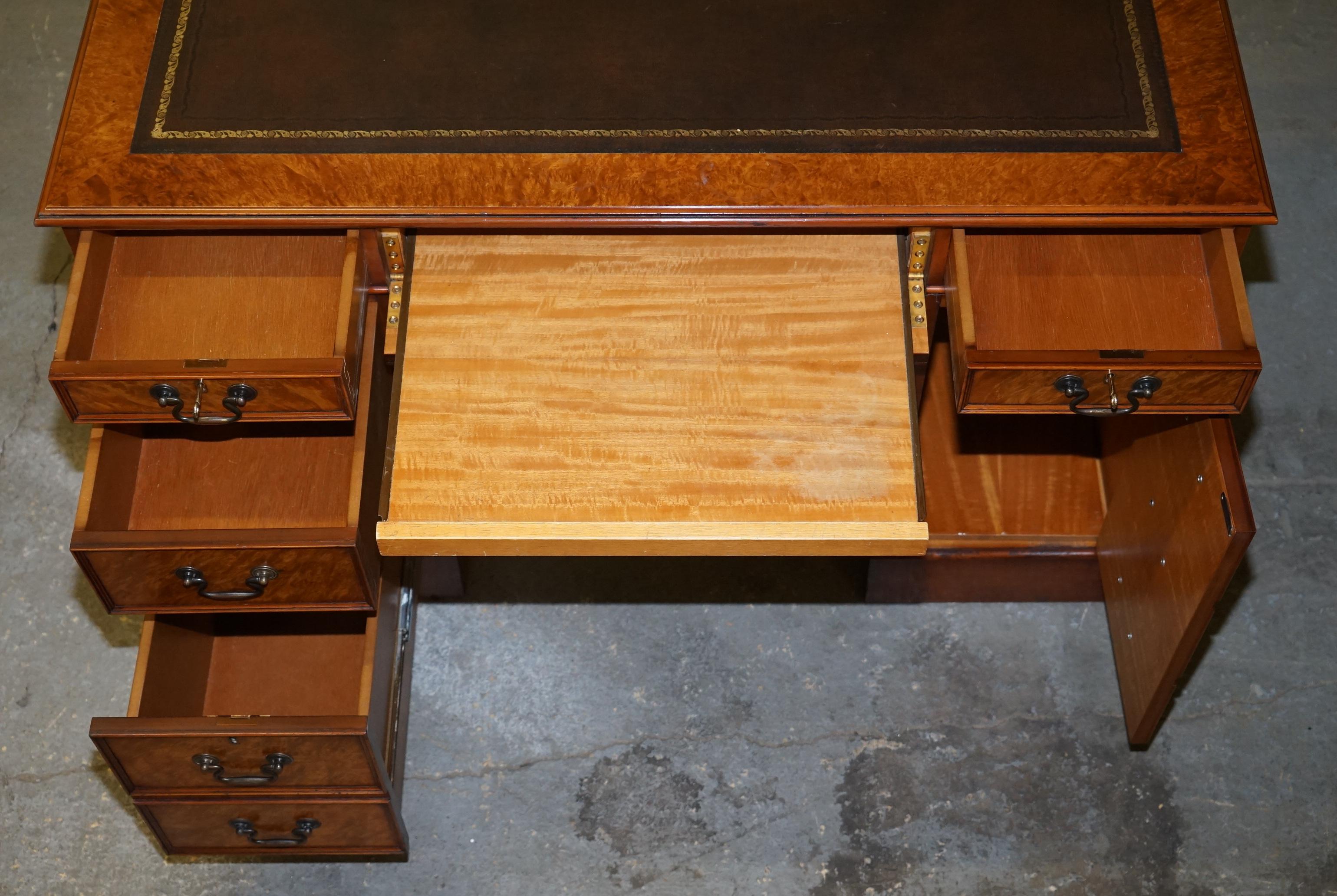 Burr & Burl Walnut Twin Pedestal Computer Partner Desk Brown Leather Writing Top 9