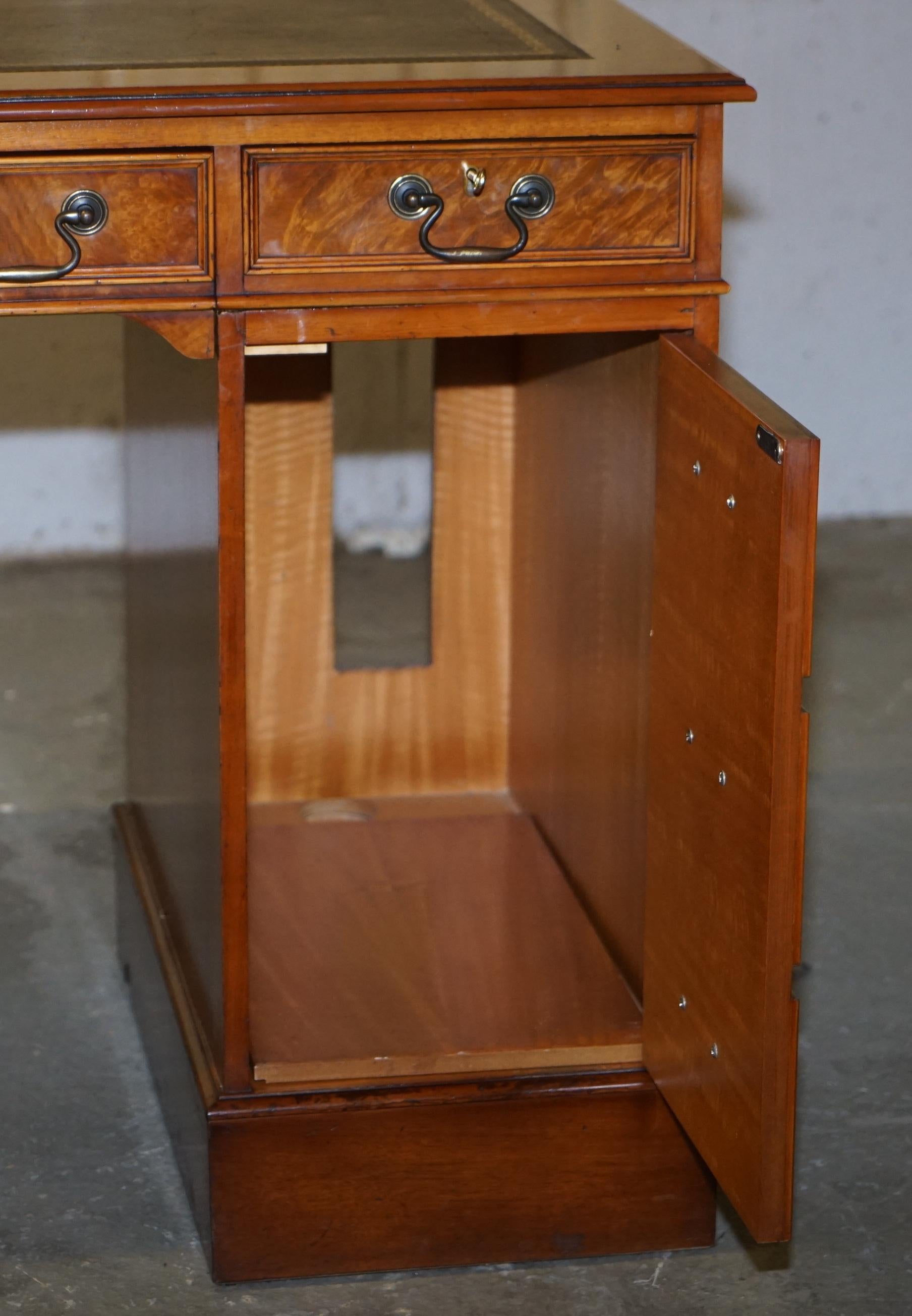 Burr & Burl Walnut Twin Pedestal Computer Partner Desk Brown Leather Writing Top 12