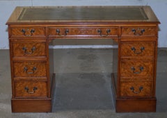 Burr & Burl Walnut Twin Pedestal Computer Partner Desk Brown Leather Writing Top