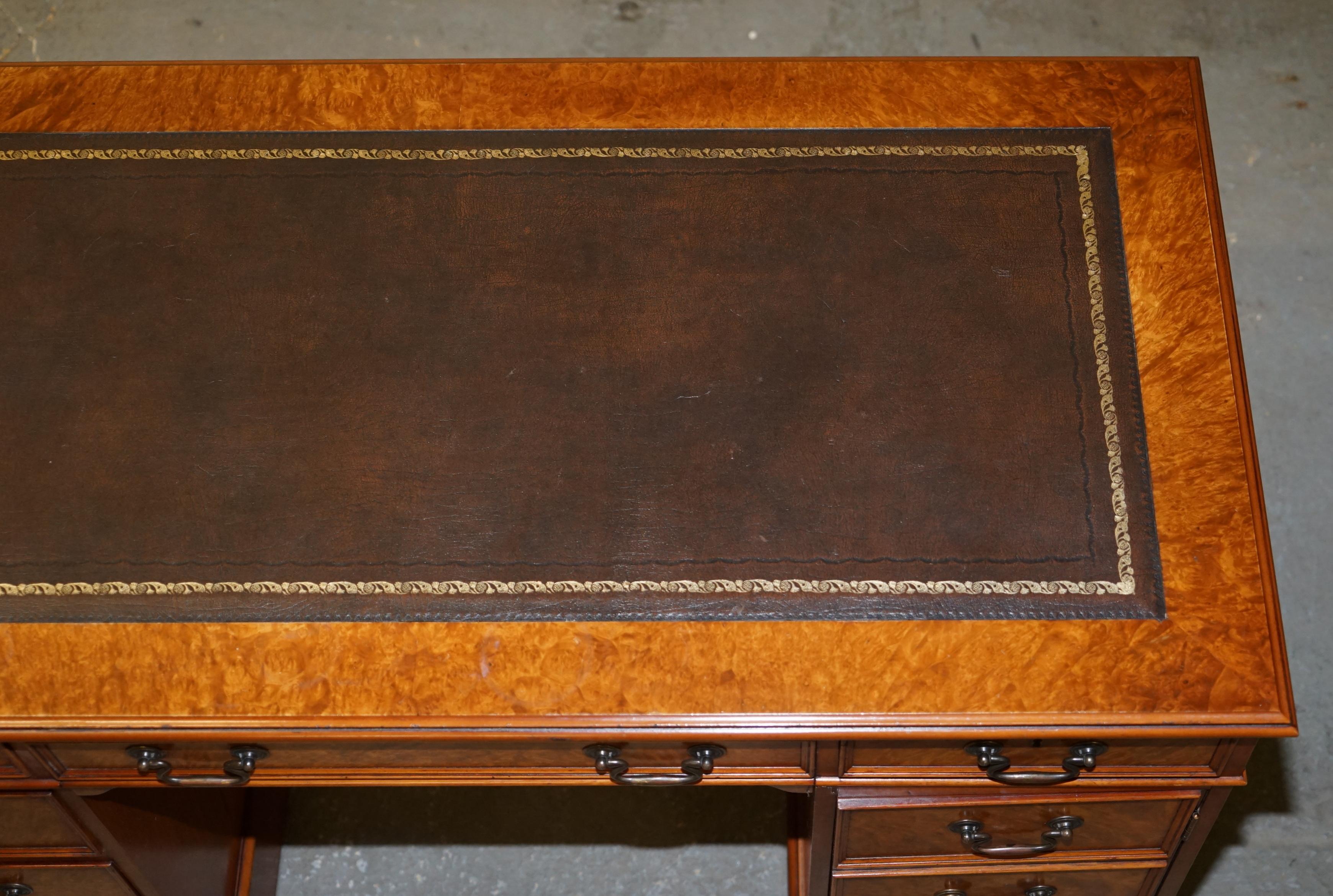 Hand-Crafted Burr & Burl Walnut Twin Pedestal Computer Partner Desk Brown Leather Writing Top