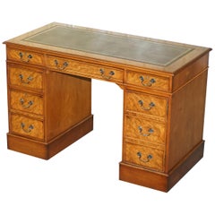 Burr & Burl Walnut Twin Pedestal Computer Partner Desk Brown Leather Writing Top