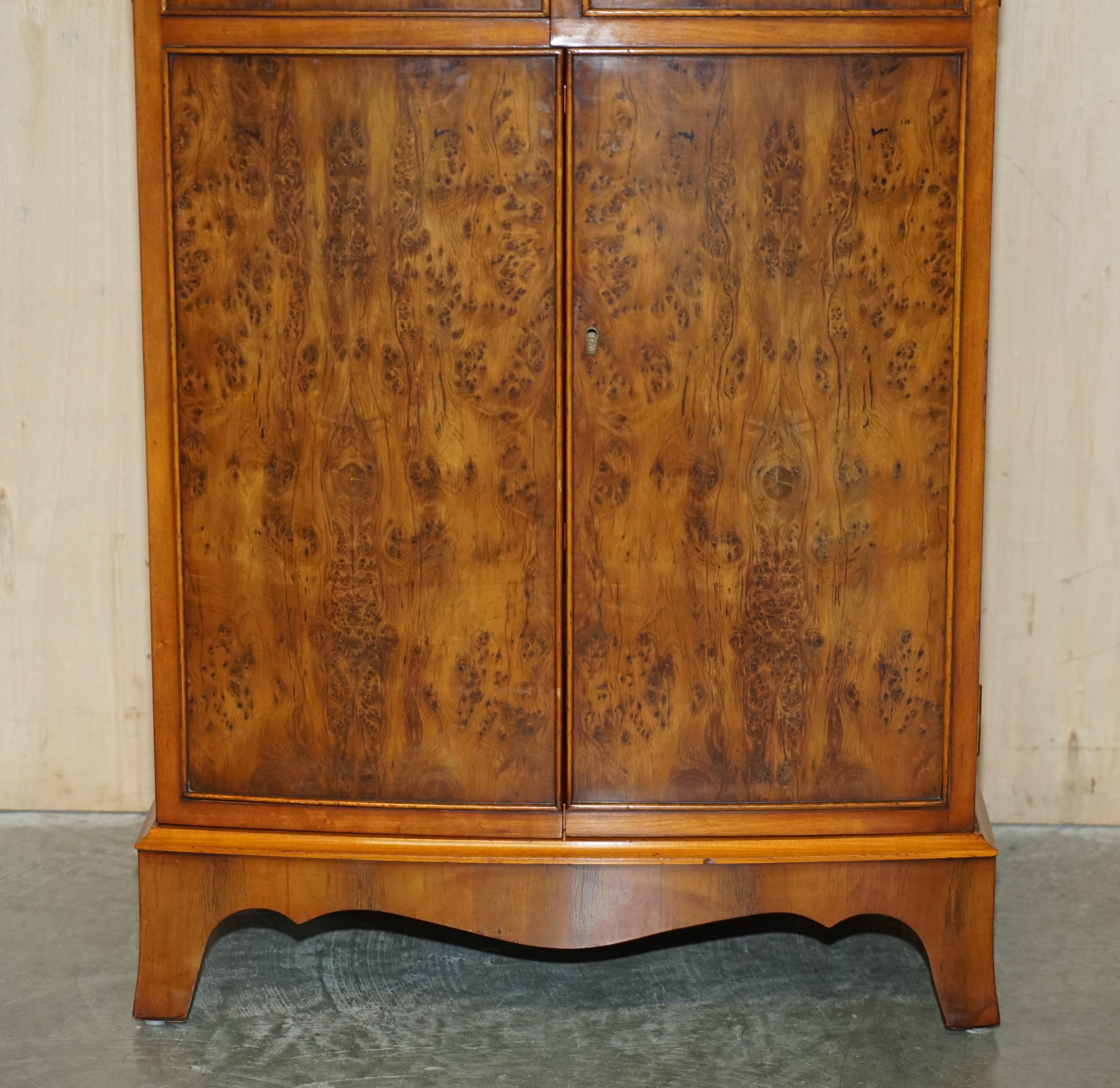 Hand-Crafted Burr & Burl Walnut Vintage Record Player Cabinet with Lift Up Top & Shelves For Sale