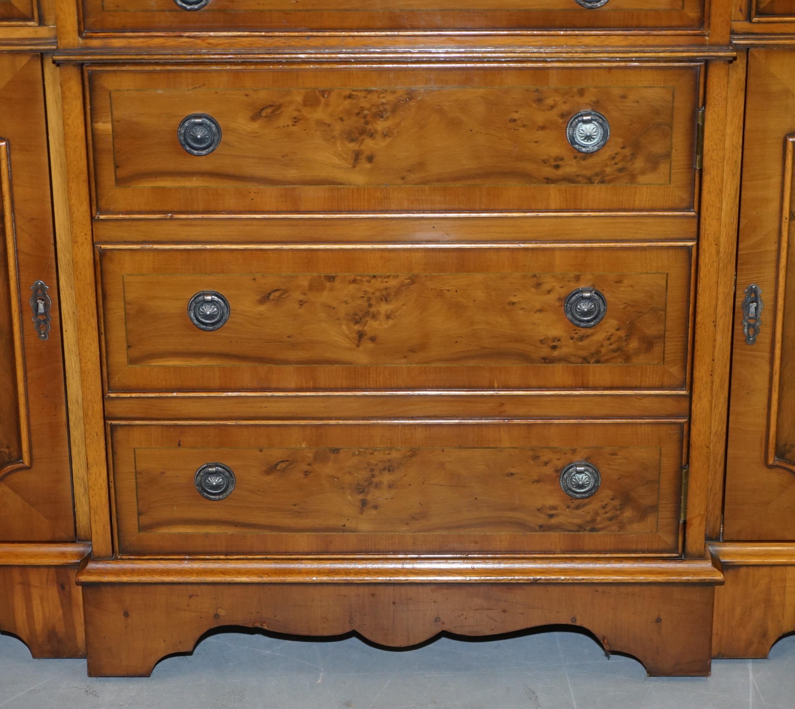 Burr & Burl Yew Wood Faux Drawer Fronted Library Bookcase Sideboard with Shelves For Sale 7