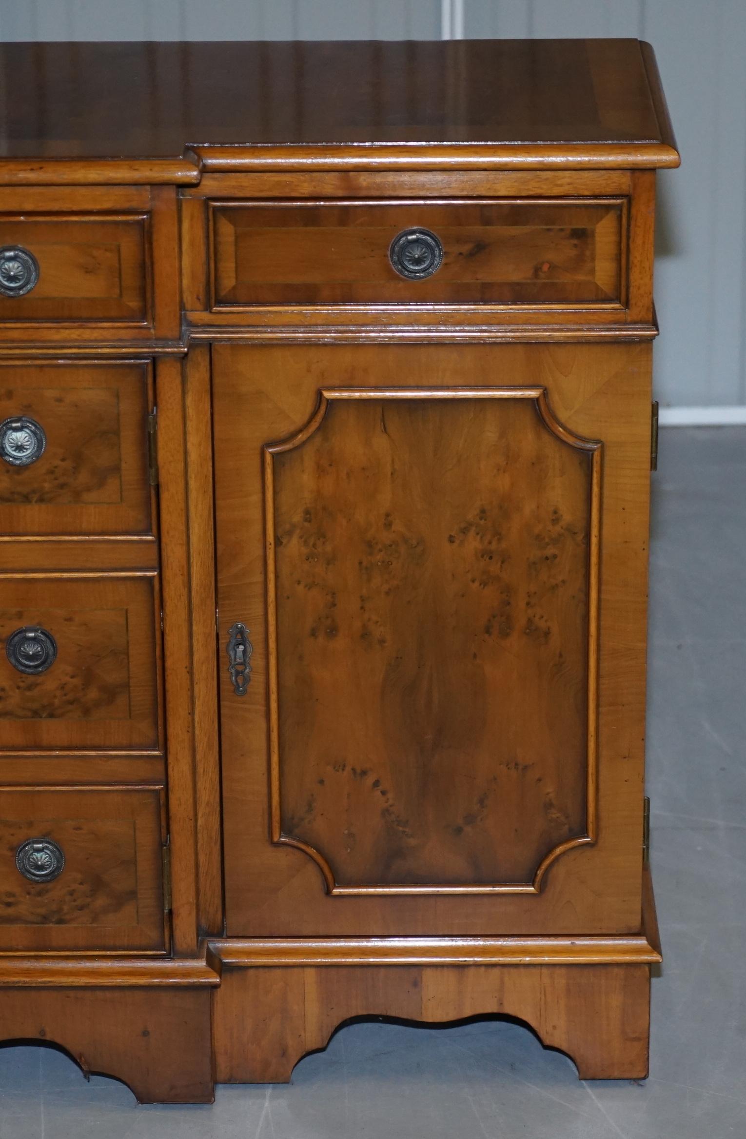 Burr & Burl Yew Wood Faux Drawer Fronted Library Bookcase Sideboard with Shelves For Sale 2