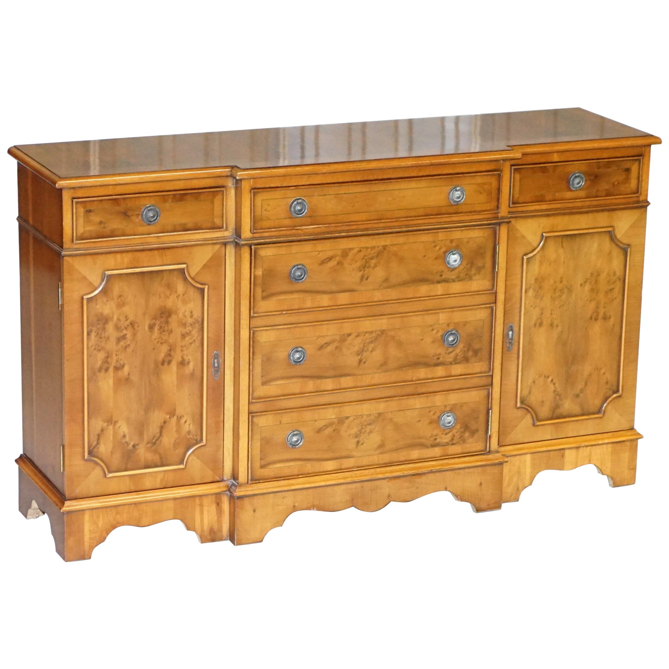 Burr & Burl Yew Wood Faux Drawer Fronted Library Bookcase Sideboard with Shelves For Sale