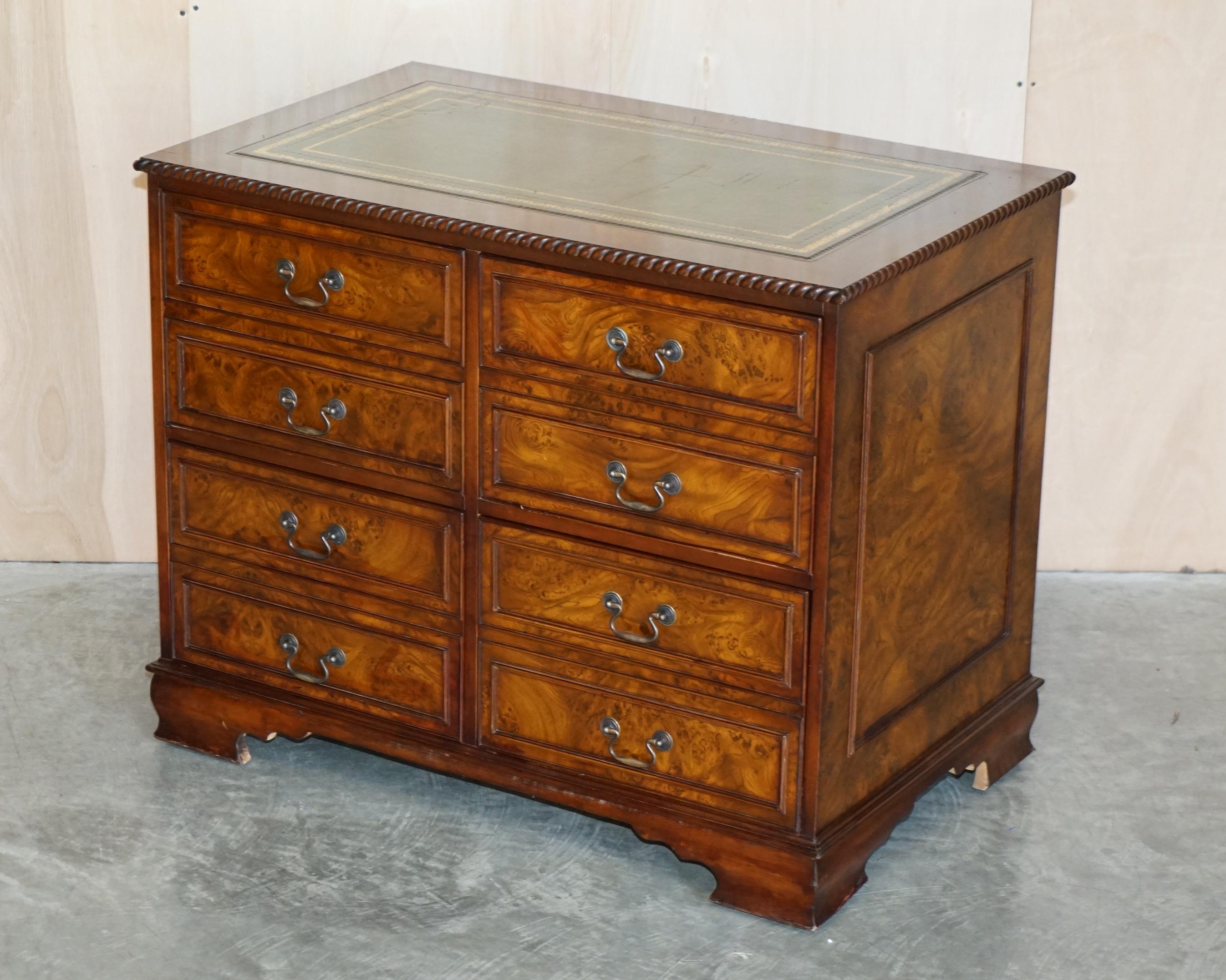 We are delighted to offer for sale this lovely, very well made Burr Elm quad bank filing cabinet with gold leaf embossed green leather writing surface which is part of a suite.

As mentioned this is part of a suite, I have in total the large