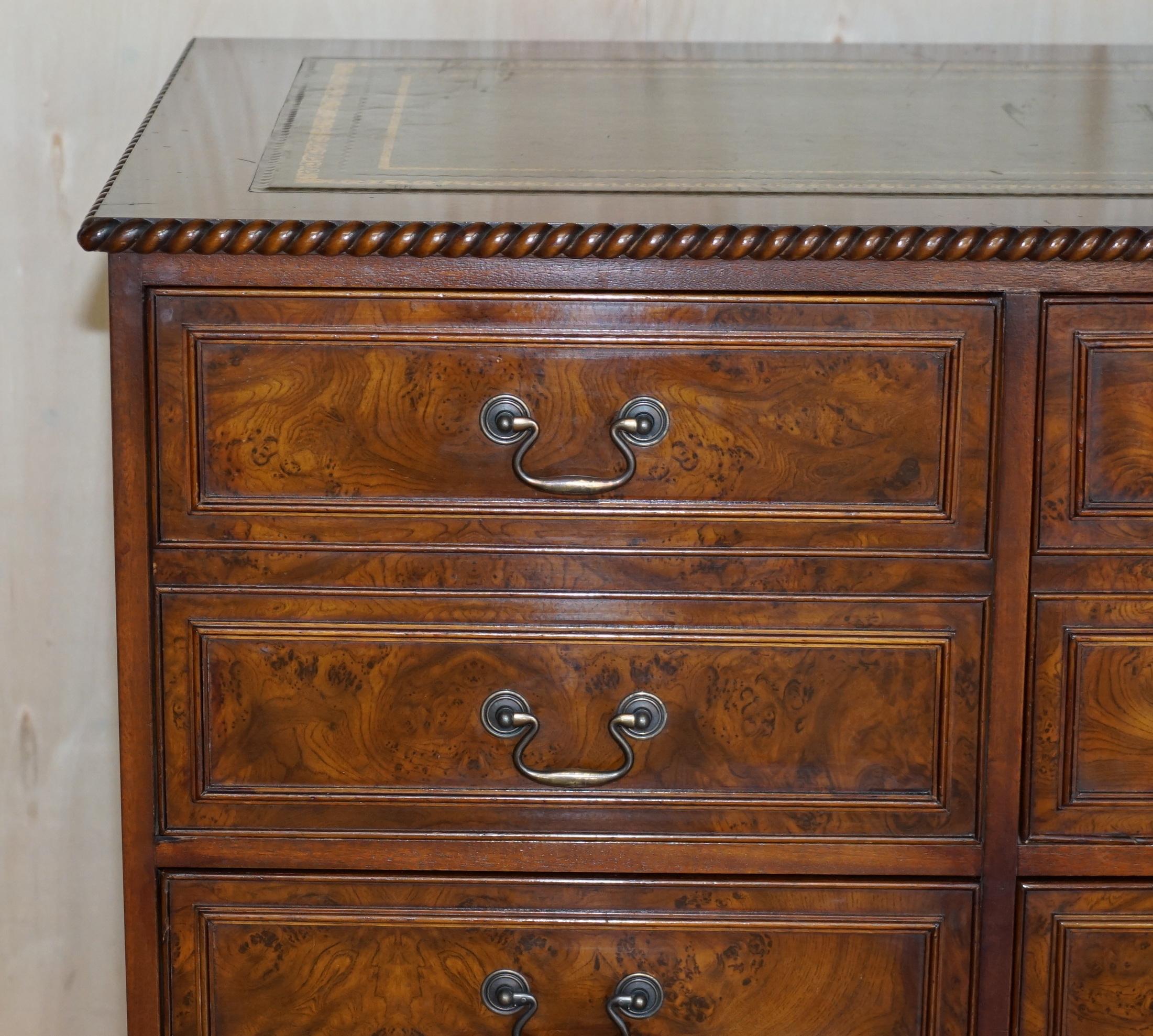 Regency Burr Elm with Green Leather Top Four Drawer Filing Cabinet Part of Office Suite