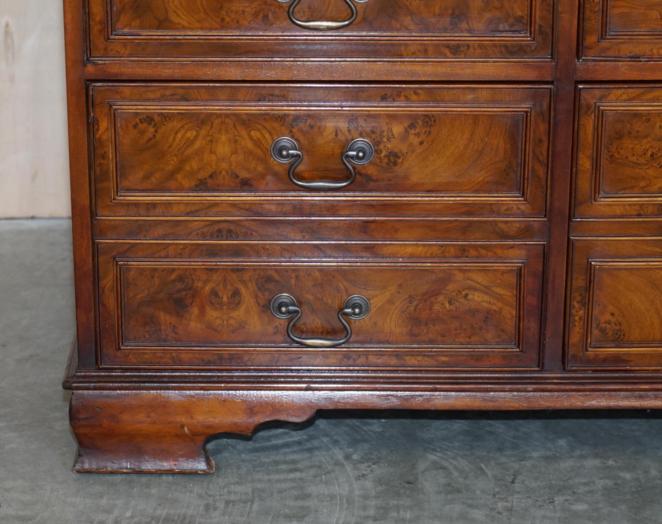 English Burr Elm with Green Leather Top Four Drawer Filing Cabinet Part of Office Suite