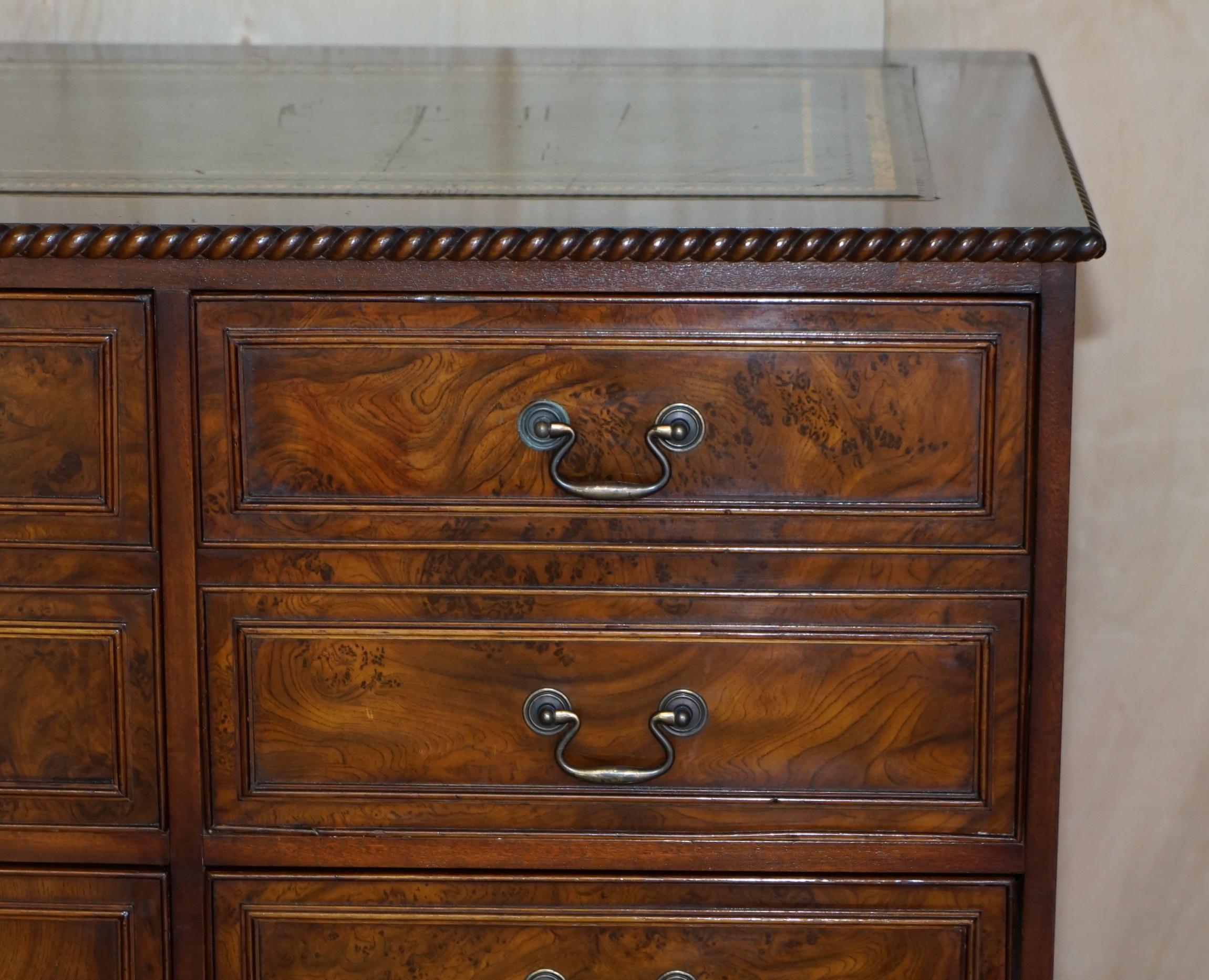 Hand-Crafted Burr Elm with Green Leather Top Four Drawer Filing Cabinet Part of Office Suite