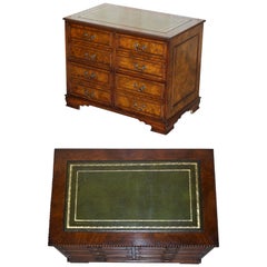 Vintage Burr Elm with Green Leather Top Four Drawer Filing Cabinet Part of Office Suite