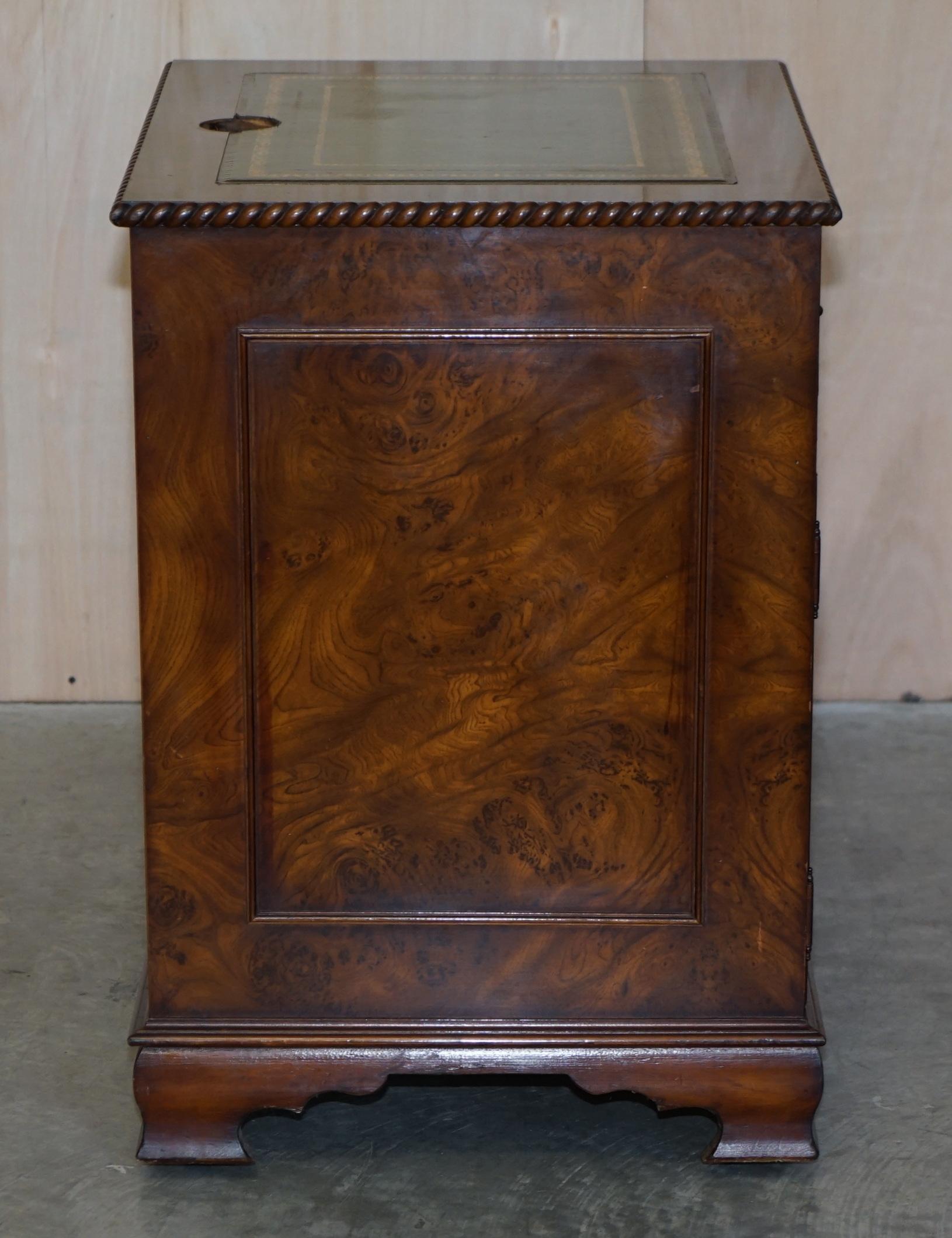 Burr Elm with Green Leather Top Side Cupboard for Hiding Printer Part of Suite For Sale 4