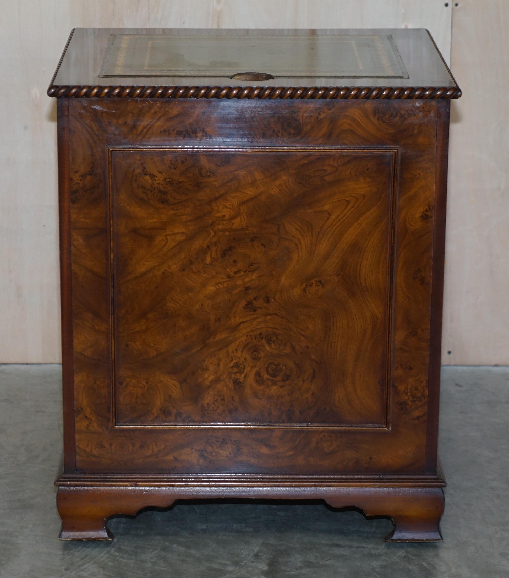 Burr Elm with Green Leather Top Side Cupboard for Hiding Printer Part of Suite For Sale 5