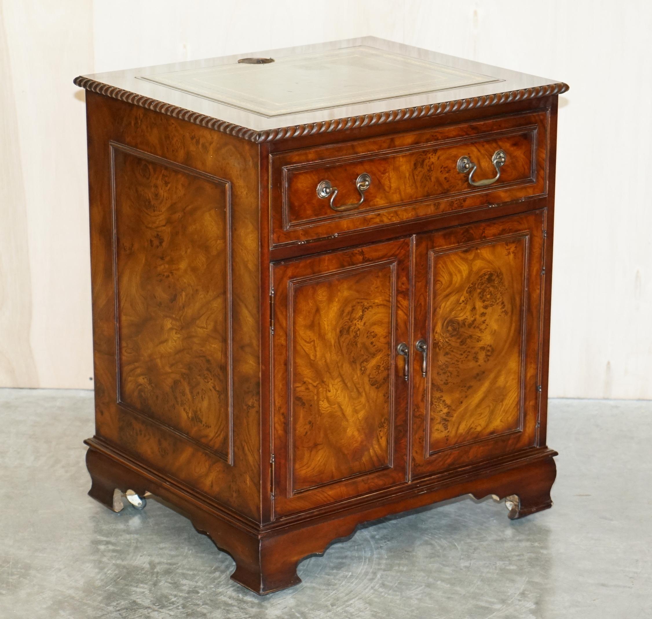 We are delighted to offer this lovely, very well made Burr Elm twin side cupboard with gold leaf embossed green leather writing surface which is part of a suite

As mentioned this is part of a suite, I have in total the large partner desk, the