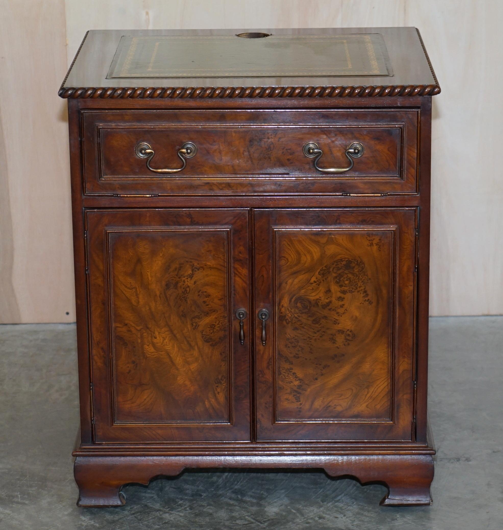 Art Deco Burr Elm with Green Leather Top Side Cupboard for Hiding Printer Part of Suite For Sale