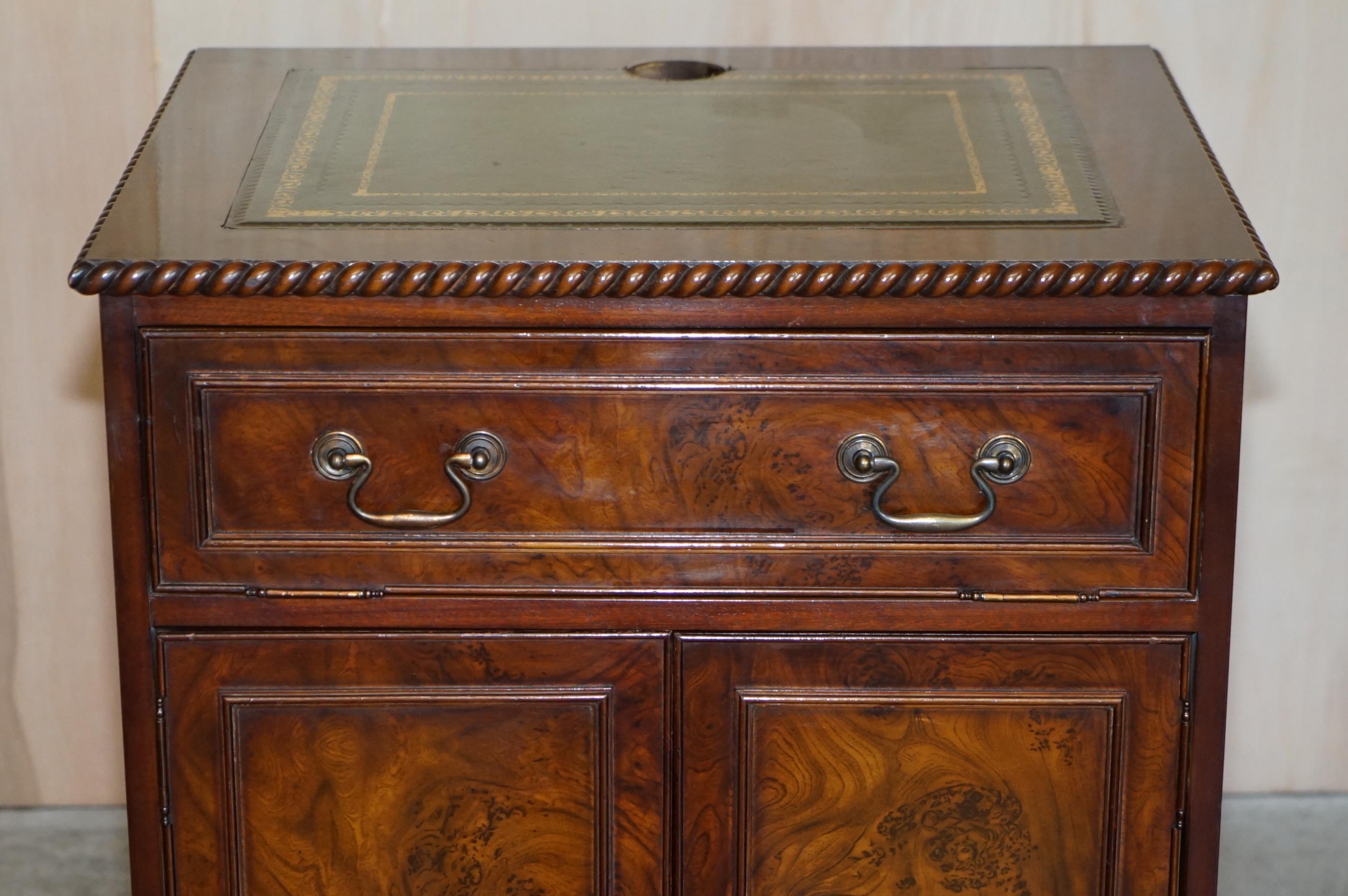 English Burr Elm with Green Leather Top Side Cupboard for Hiding Printer Part of Suite For Sale